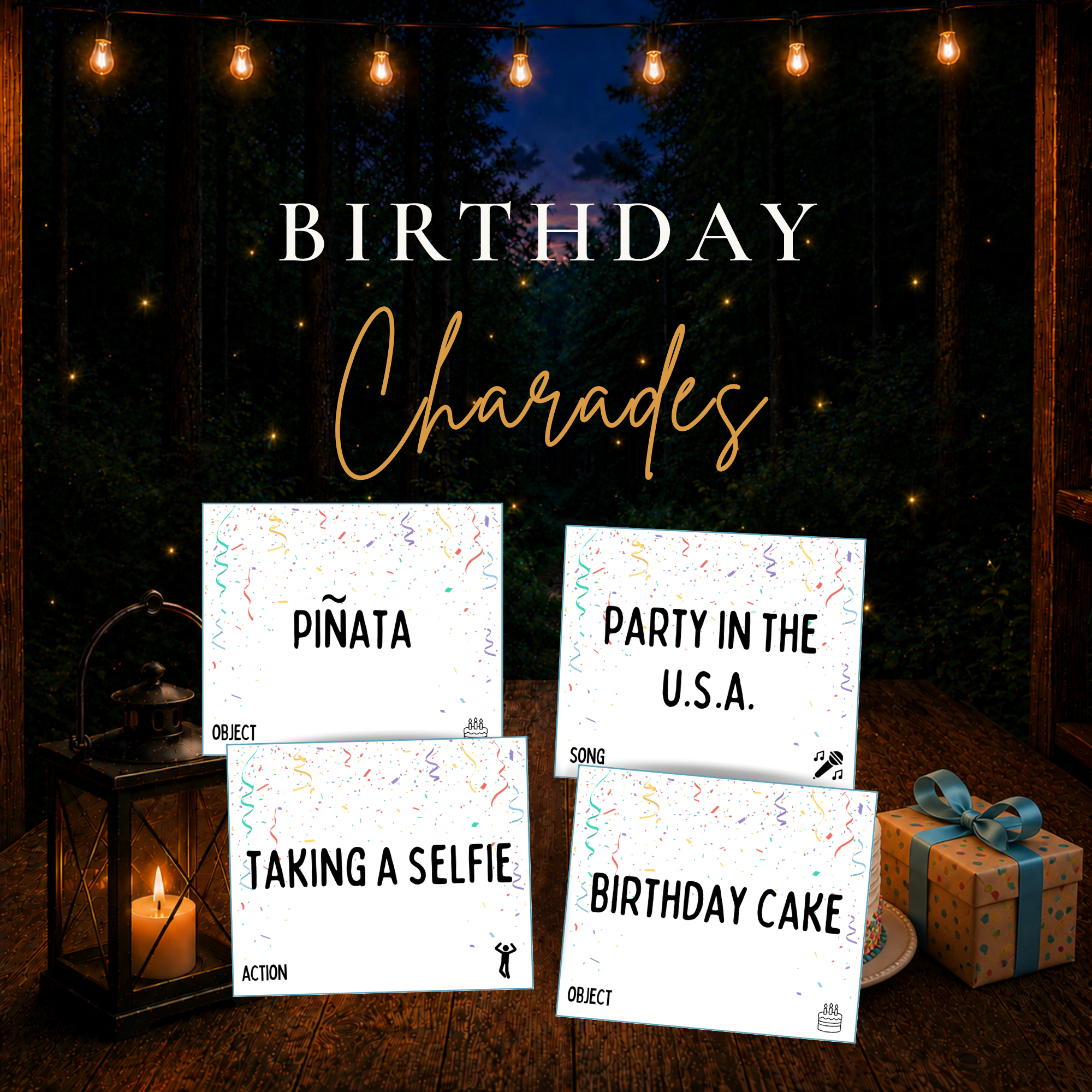 Birthday Charades printable party game with colorful acting cards for birthday parties and family game nights