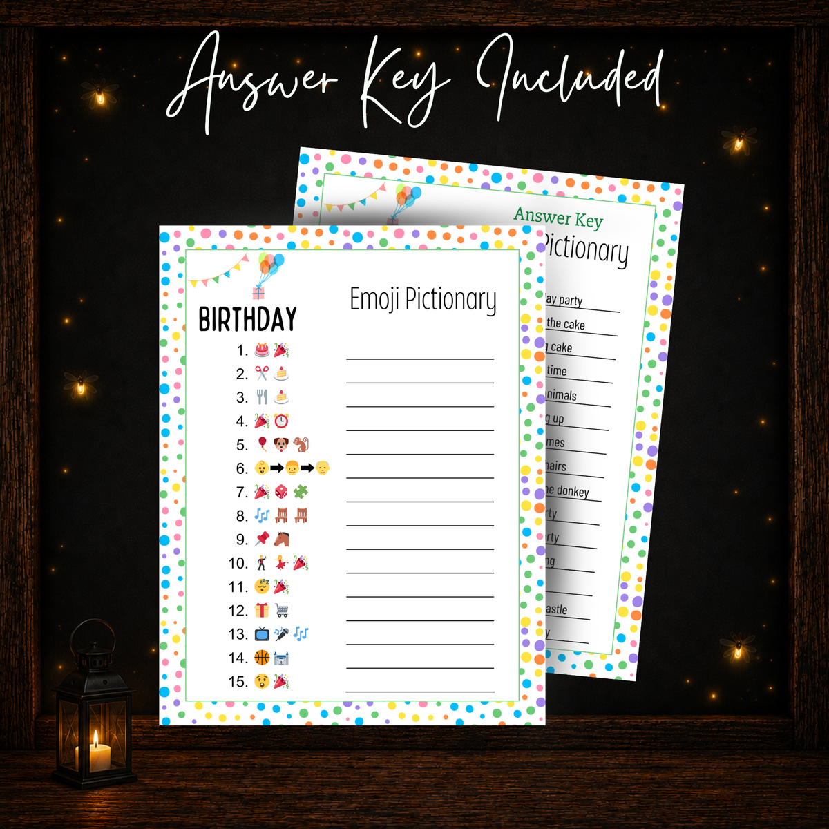 Birthday Emoji Pictionary printable party game with included answer key