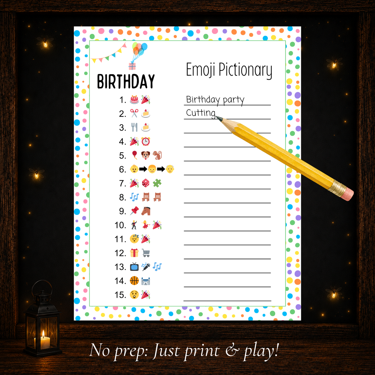 Printable Birthday Emoji Pictionary game sheet with birthday emoji clues to solve