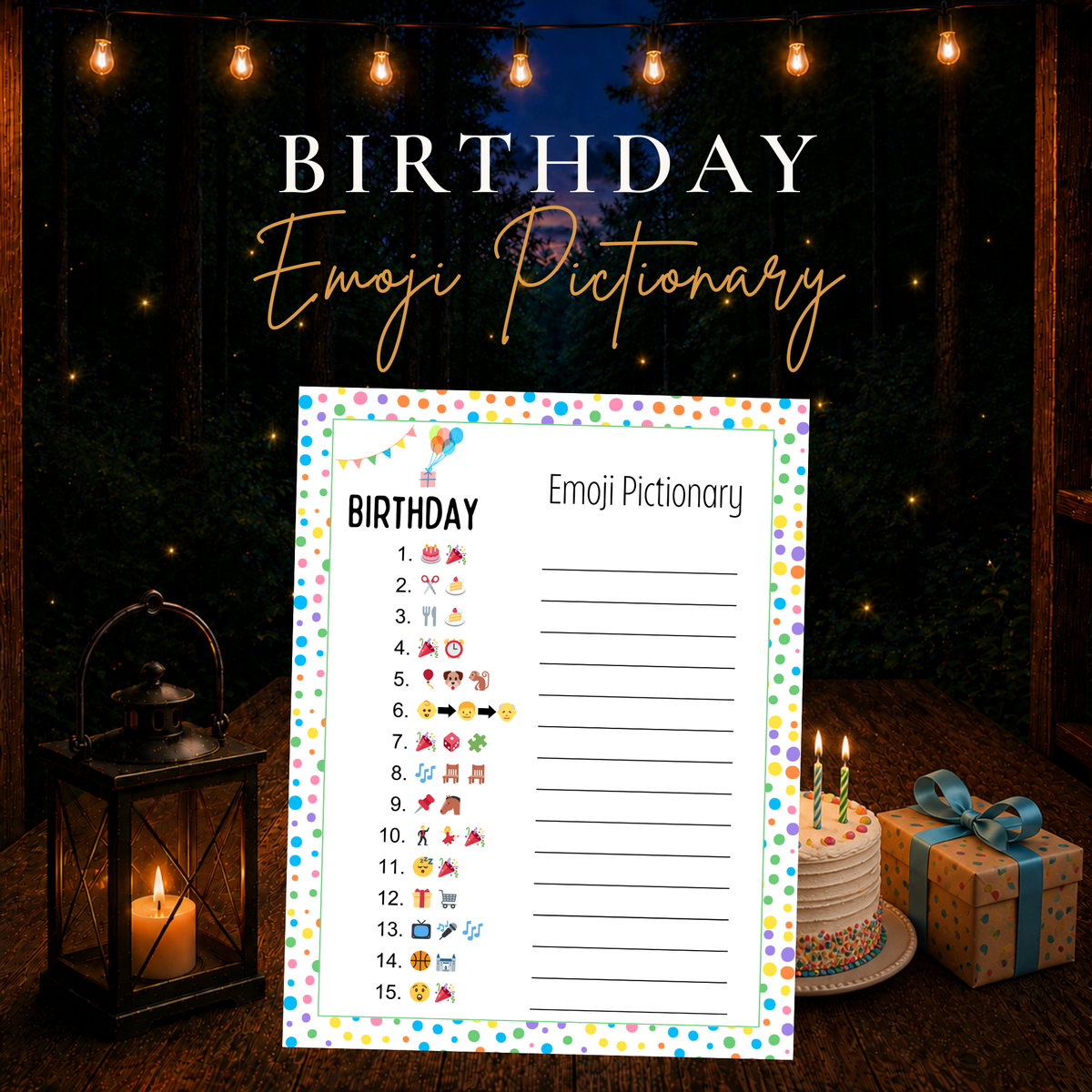 Birthday Emoji Pictionary printable game with 15 birthday-themed emoji puzzles