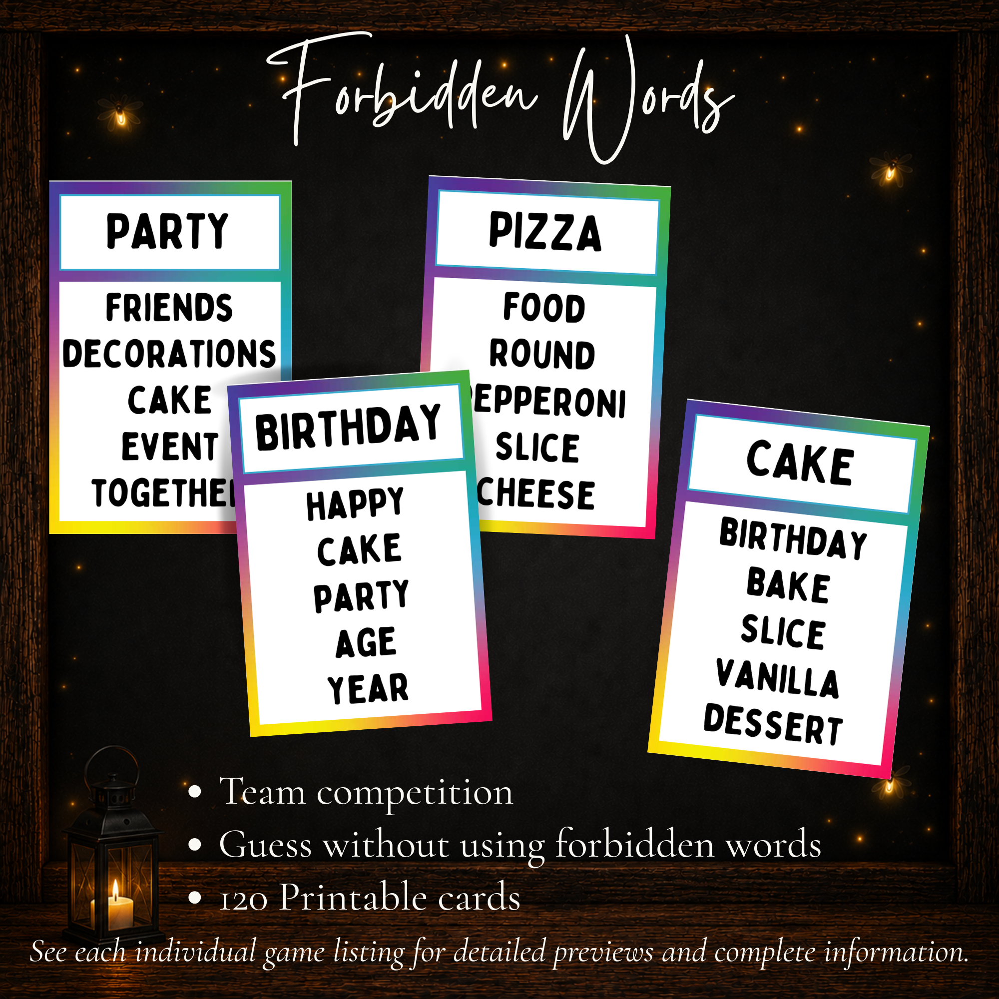 Birthday Forbidden Words team guessing game with 120 printable cards for birthday party fun
