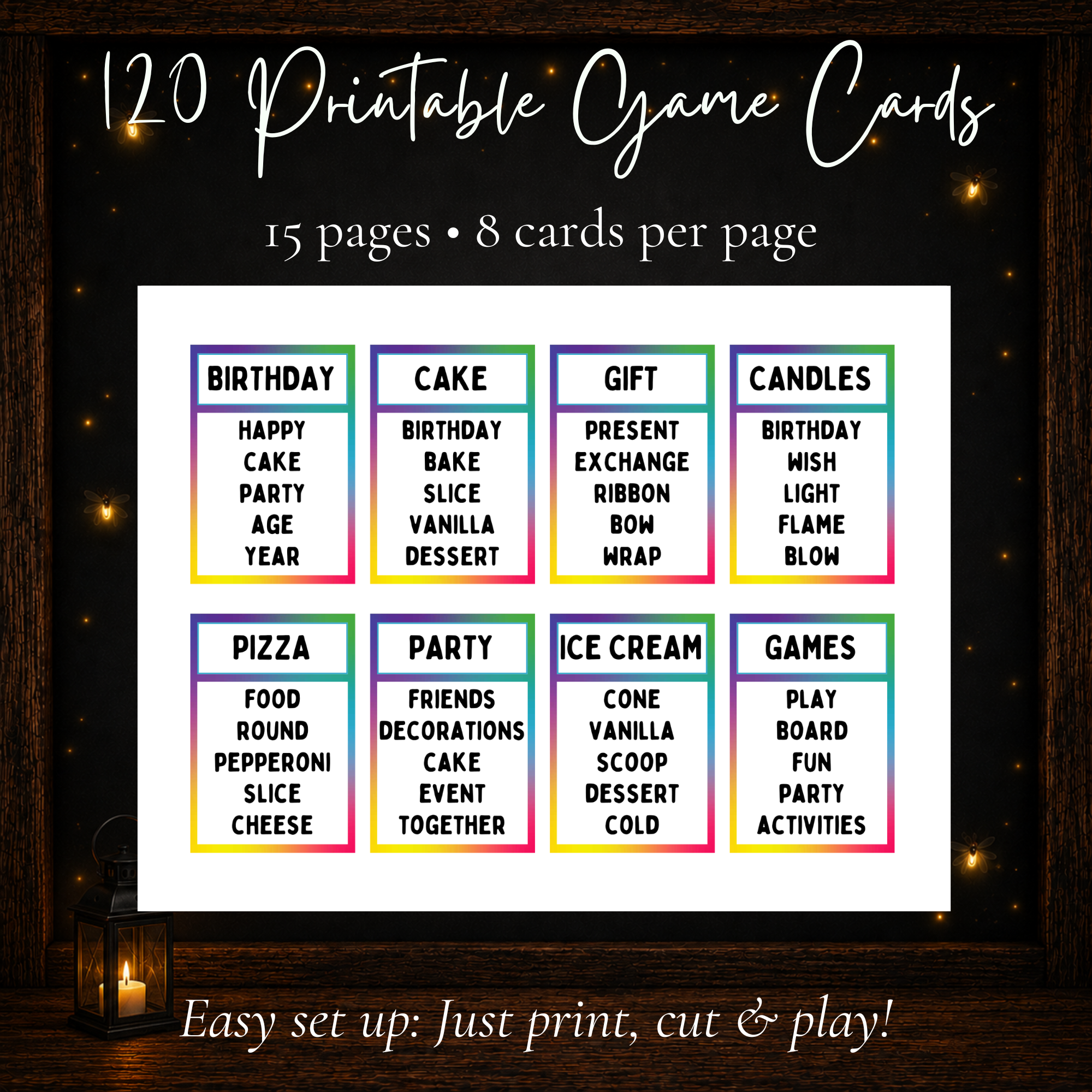120 printable Birthday Forbidden Words game cards with 15 pages and 8 cards per page