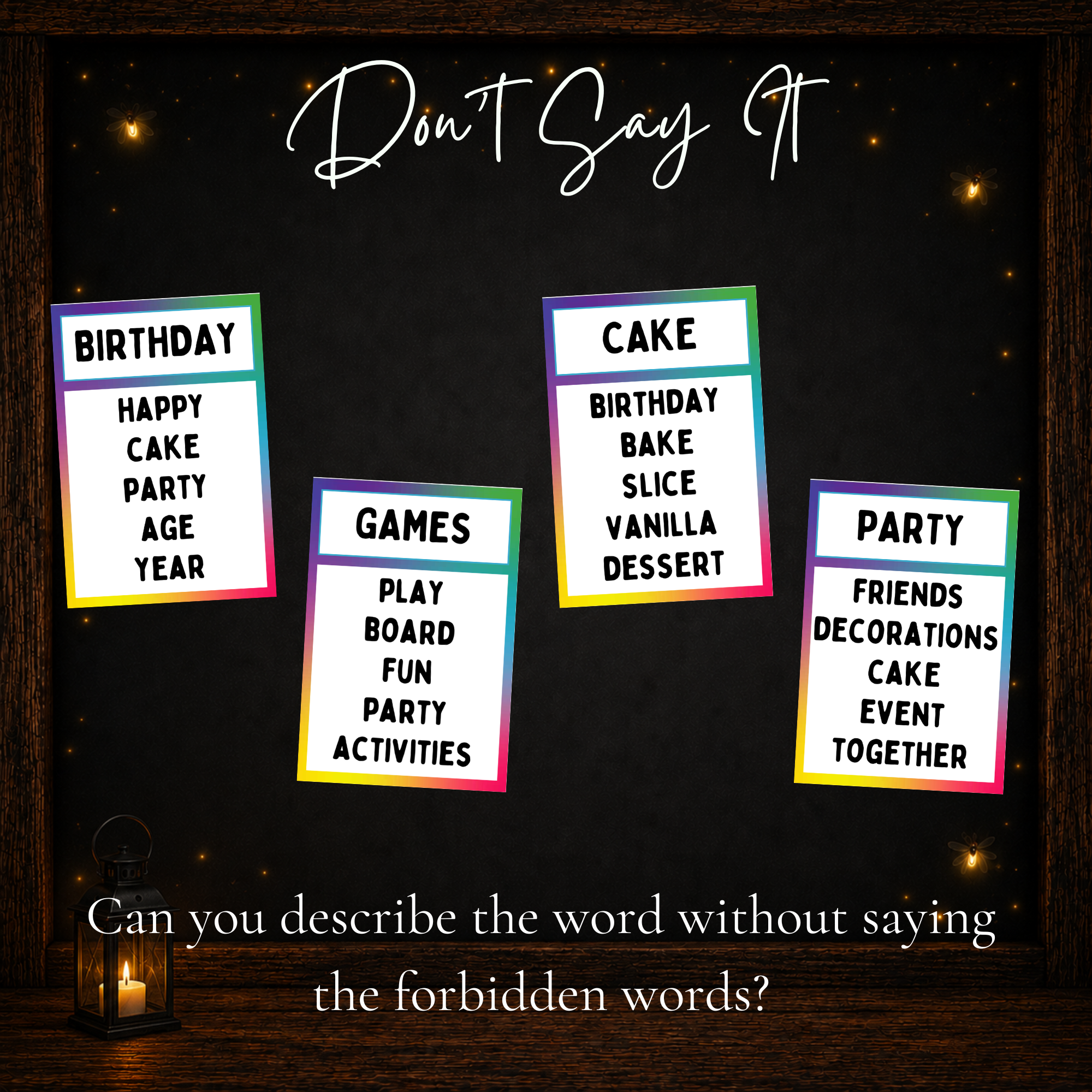 Birthday Forbidden Words printable card examples for birthday party word guessing game