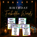 Birthday Forbidden Words printable party game with colorful birthday-themed guessing cards