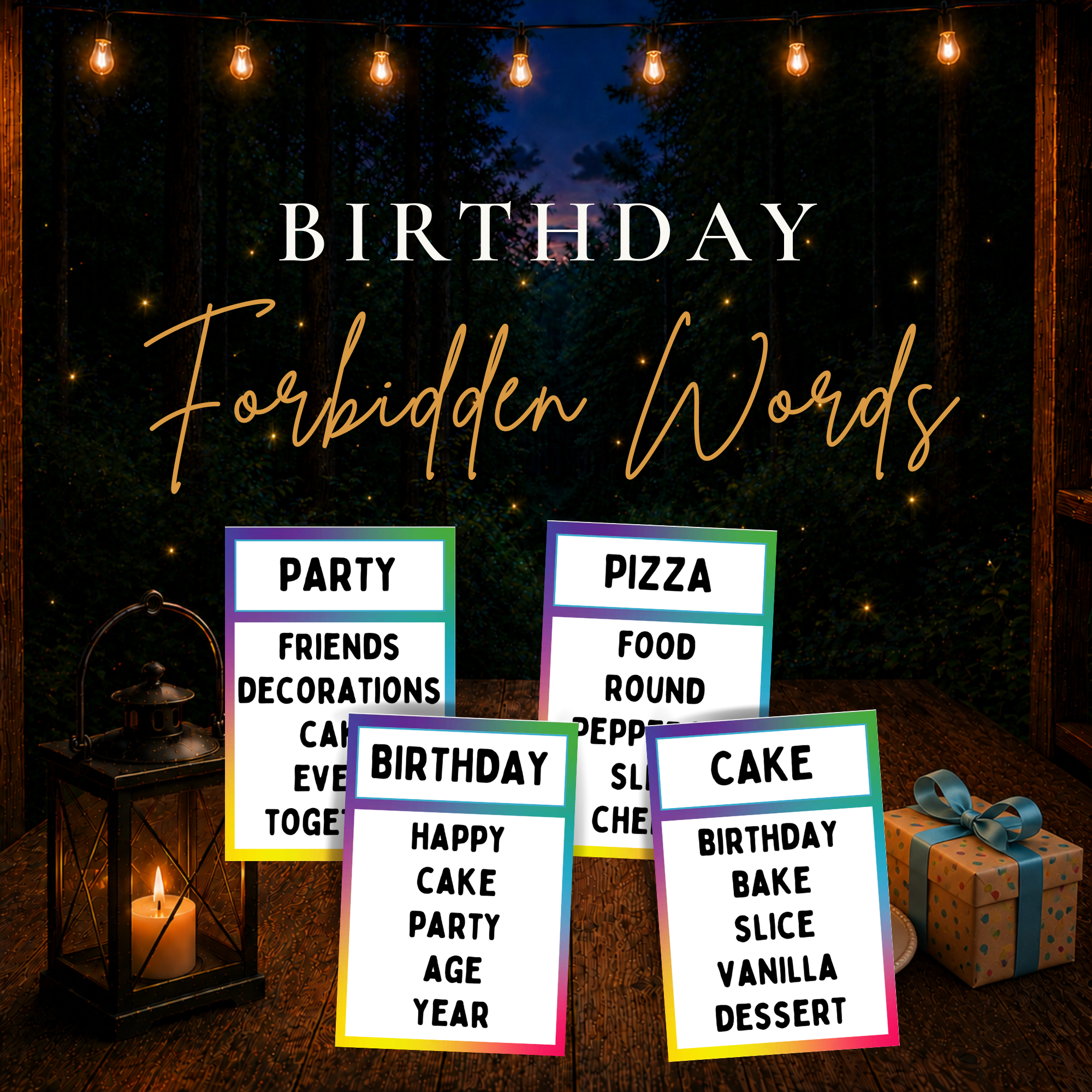 Birthday Forbidden Words printable party game with colorful birthday-themed guessing cards