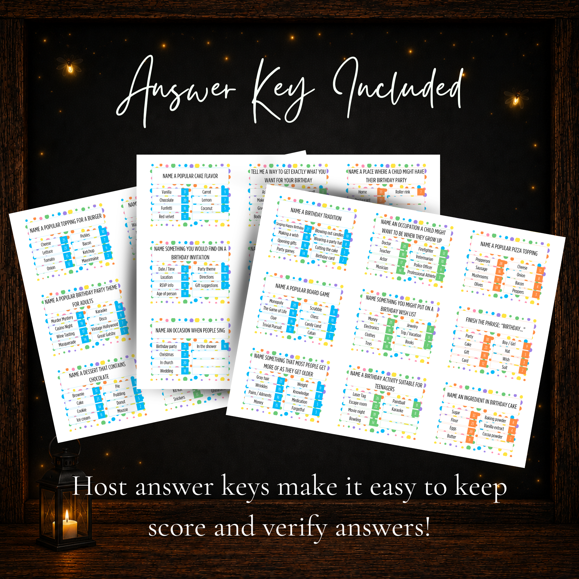 Birthday Friendly Feud printable host answer keys for verifying survey answers and keeping score