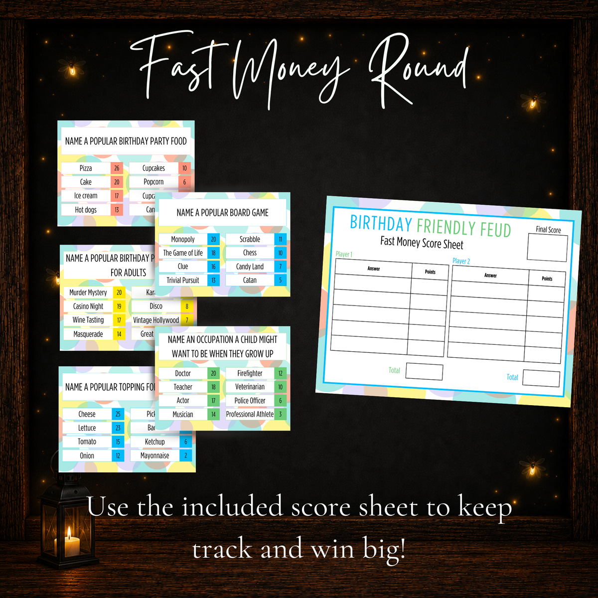 Birthday Friendly Feud Fast Money bonus round with printable survey cards and score sheet