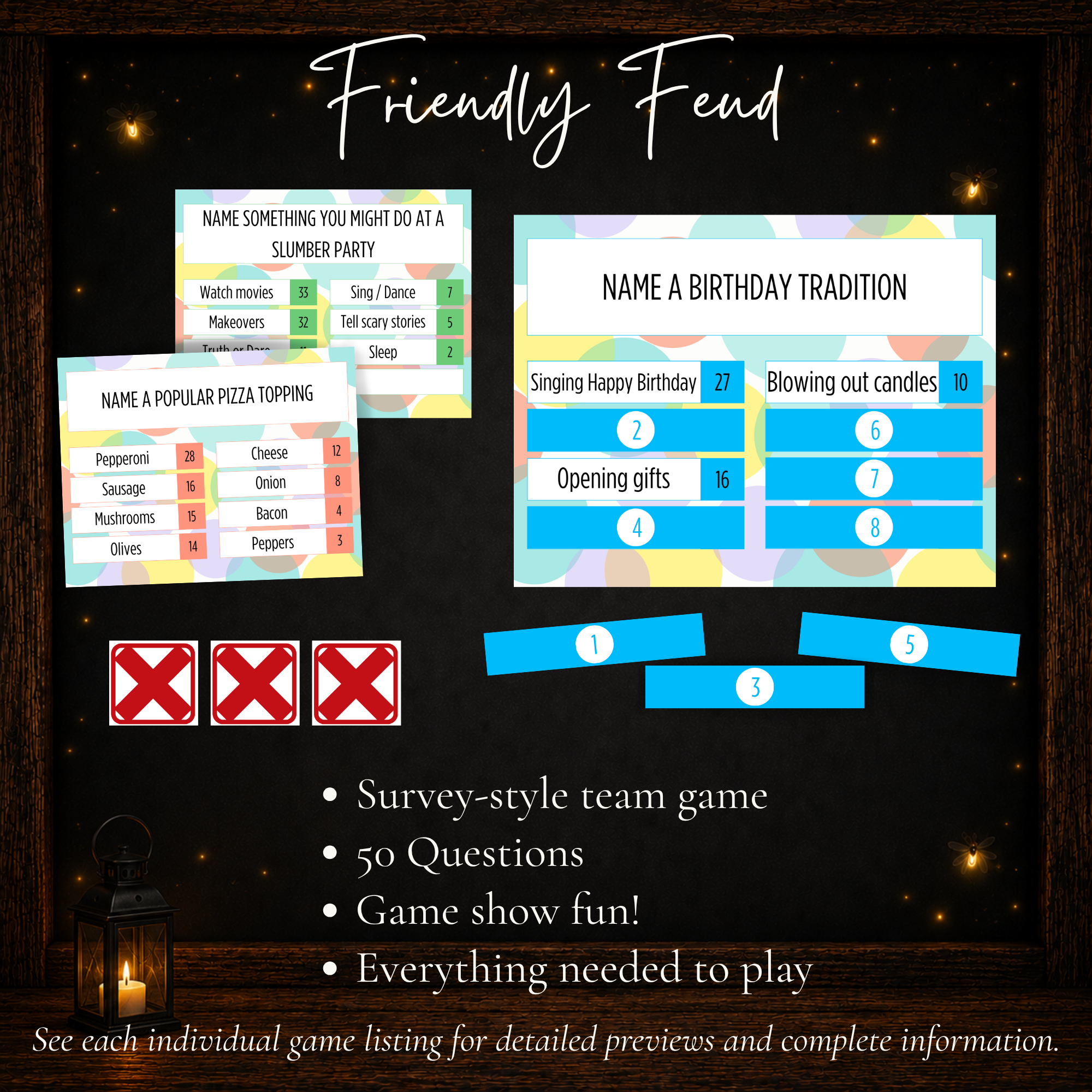 Birthday Friendly Feud printable survey-style team game with 50 questions and game show style party fun