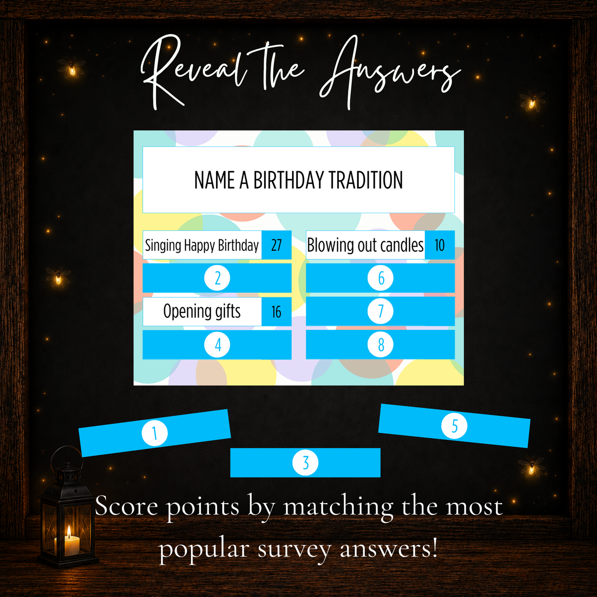 Birthday Friendly Feud game card with answer covers for revealing popular survey answers during play
