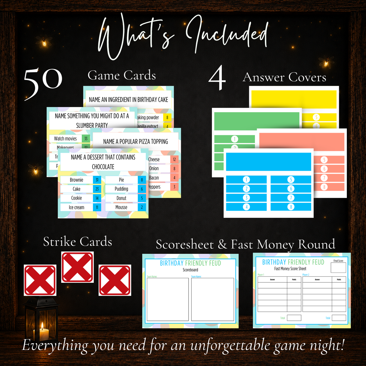 Birthday Friendly Feud printable game with 50 game cards, answer covers, strike cards, score sheet and Fast Money round