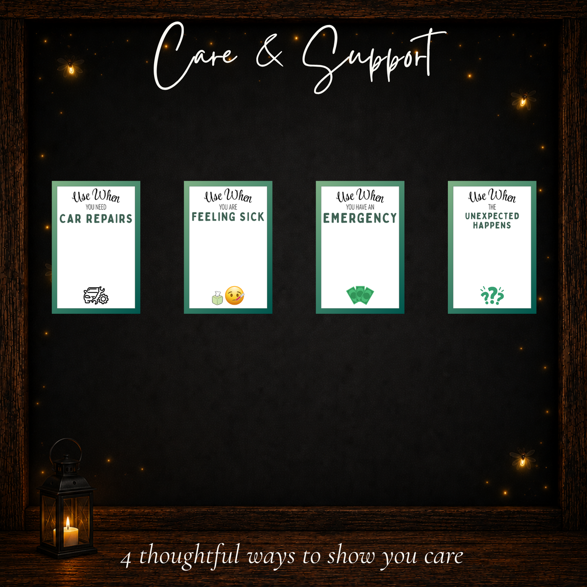 Four thoughtful gift card book pages for car repairs, feeling sick, emergencies, and unexpected expenses