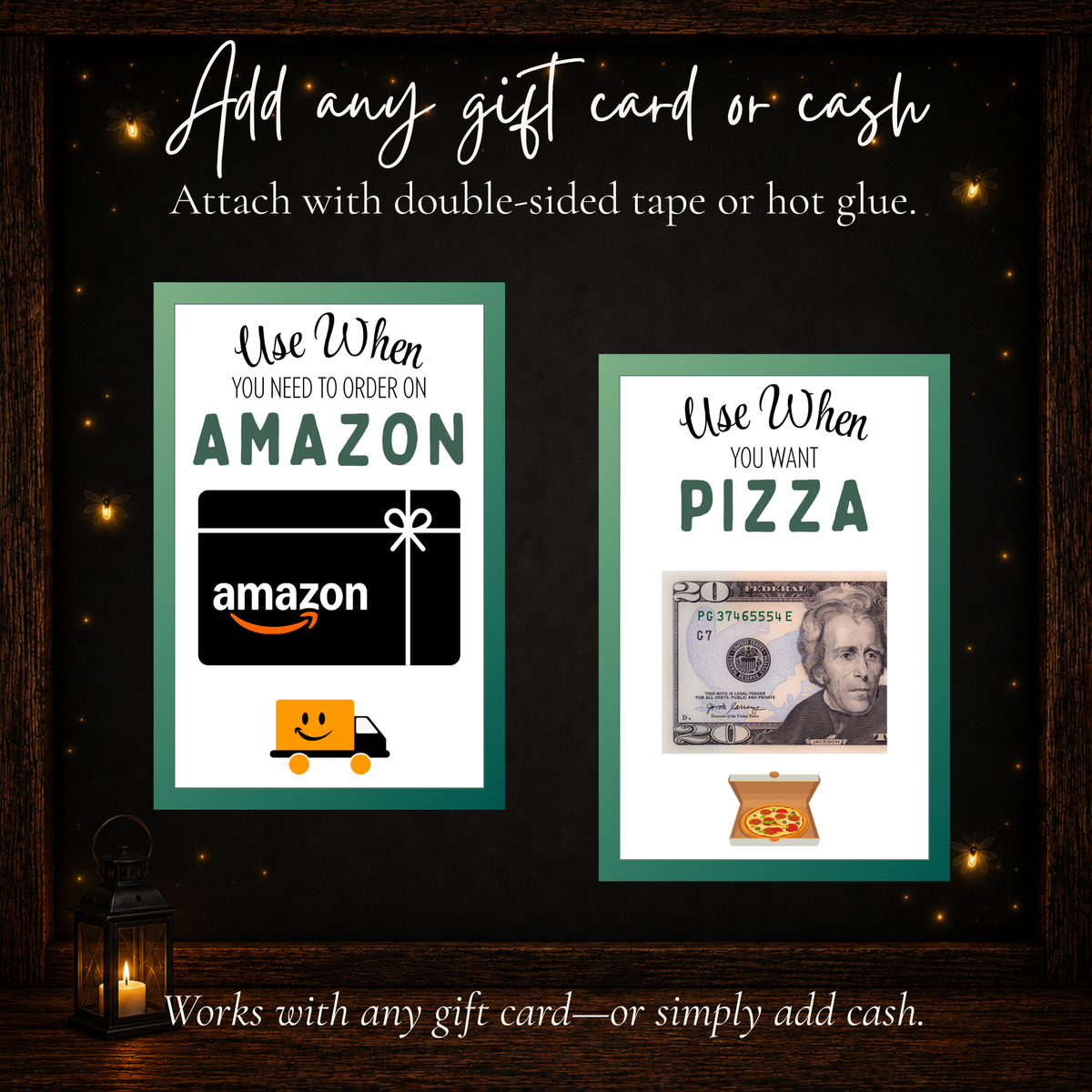 Printable Use When birthday gift pages showing how to attach an Amazon gift card or cash for a pizza treat.