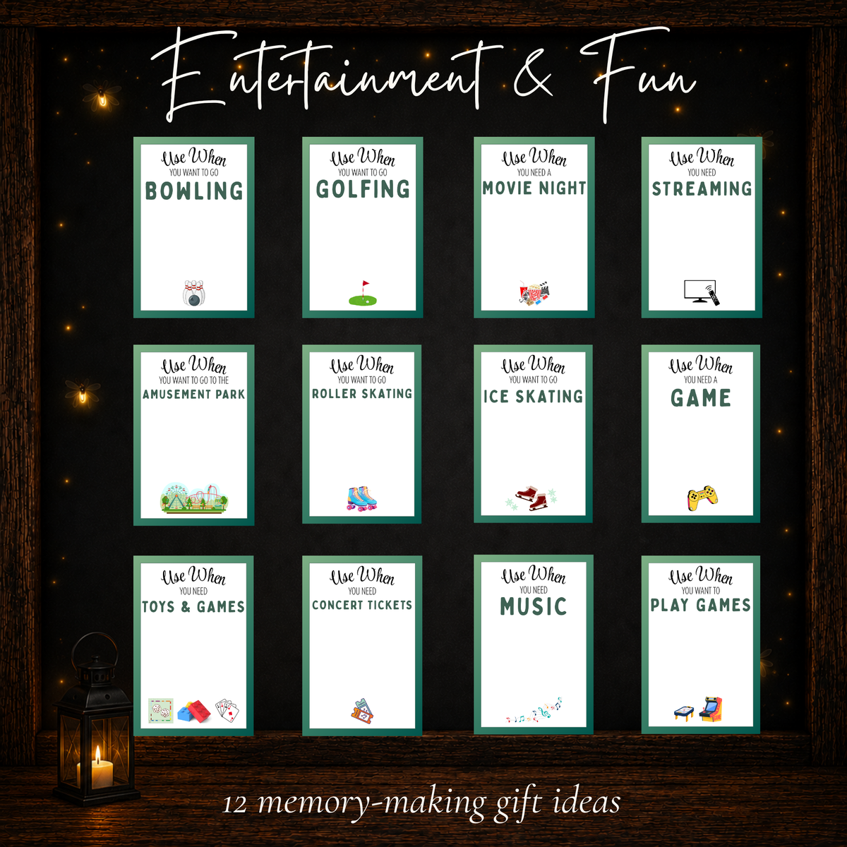 Twelve entertainment gift card ideas including movie nights, bowling, concerts, skating, music, and games.