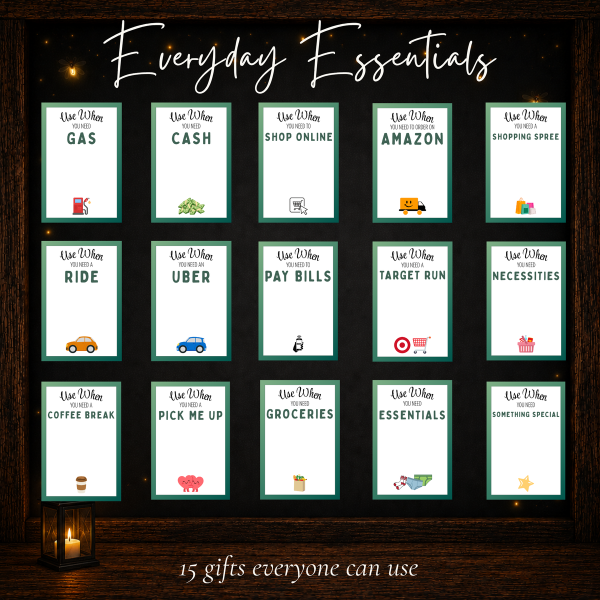 Fifteen everyday birthday gift card ideas including gas, groceries, coffee breaks, shopping, and household necessities.