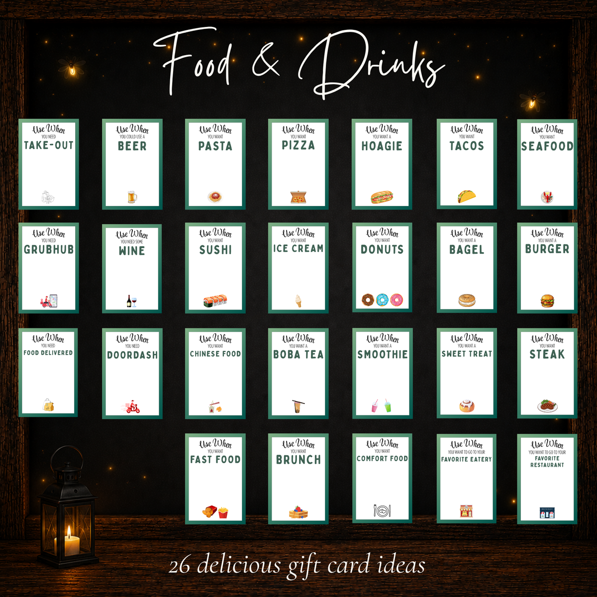 Twenty-six printable birthday gift card ideas for food and drinks, including pizza, sushi, coffee, brunch, and restaurants