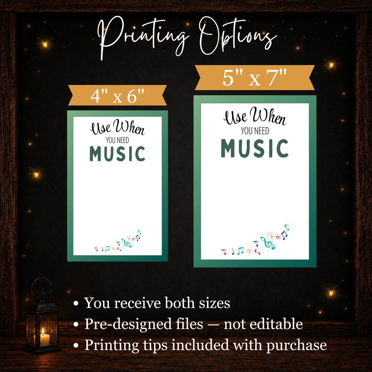 Side-by-side comparison of printable birthday gift card book pages in 4 by 6 inch and 5 by 7 inch sizes.