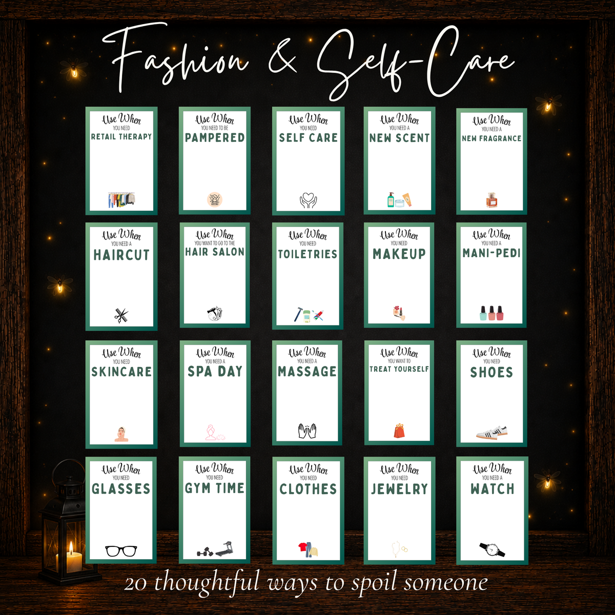 Twenty birthday gift card ideas for fashion and self-care, including spa days, haircuts, skincare, clothes, and gym time.