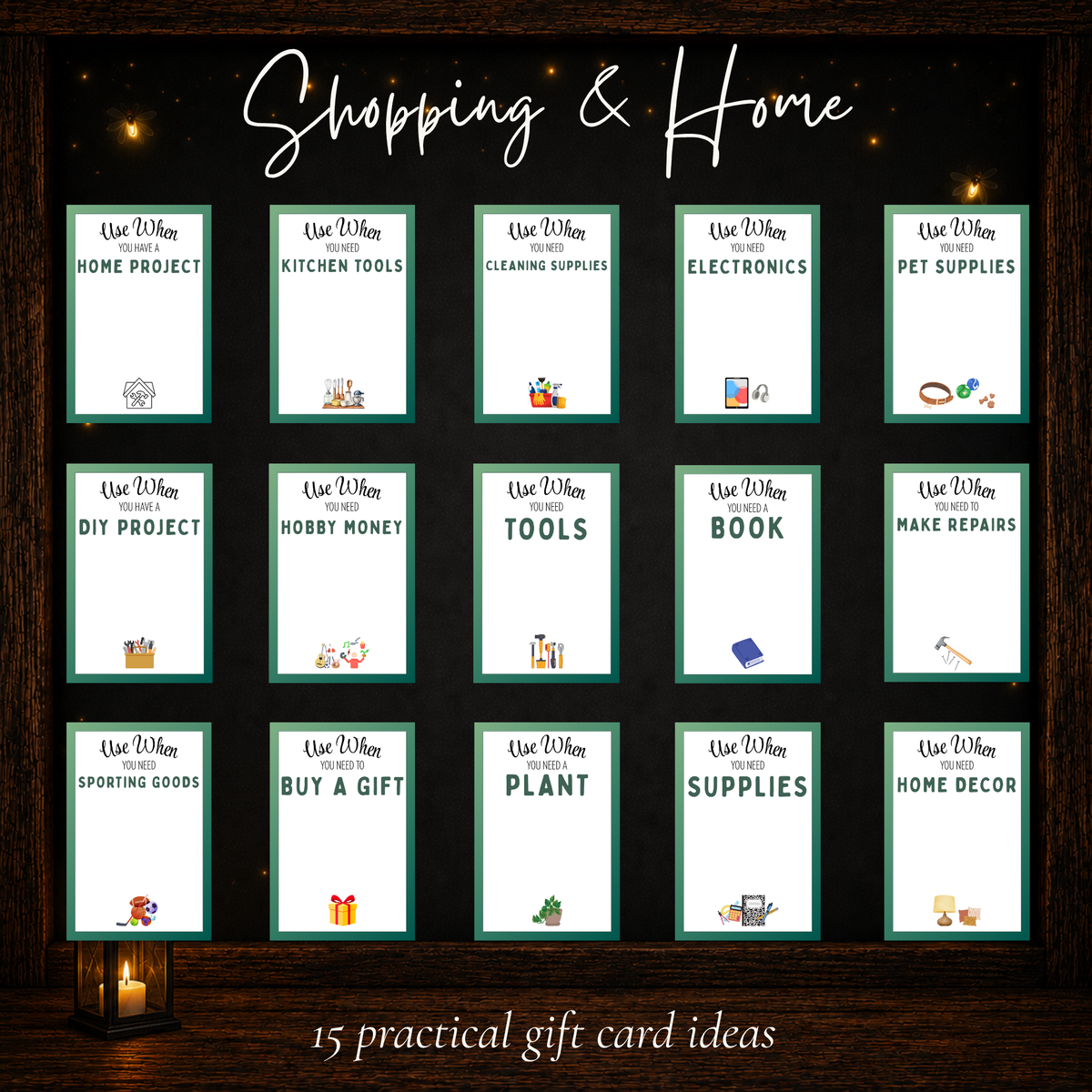 Fifteen printable gift card pages for shopping and home needs, including books, tools, electronics, and pet supplies.