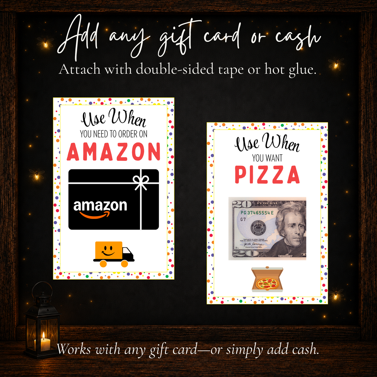 Printable birthday gift card holder pages designed for attaching any gift card or cash