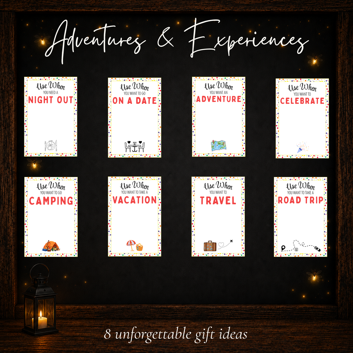 Birthday experience gift card ideas including a night out, date, adventure, camping, vacation, travel and road trip
