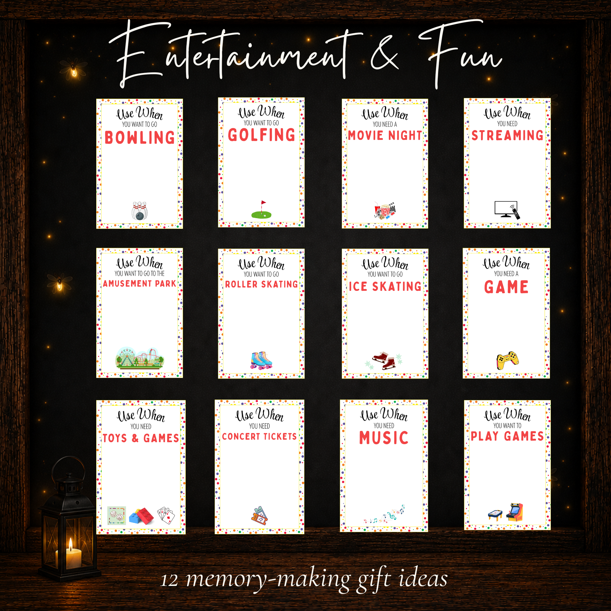 Entertainment birthday gift card ideas including bowling, golfing, movie night, streaming, games, music and concert tickets