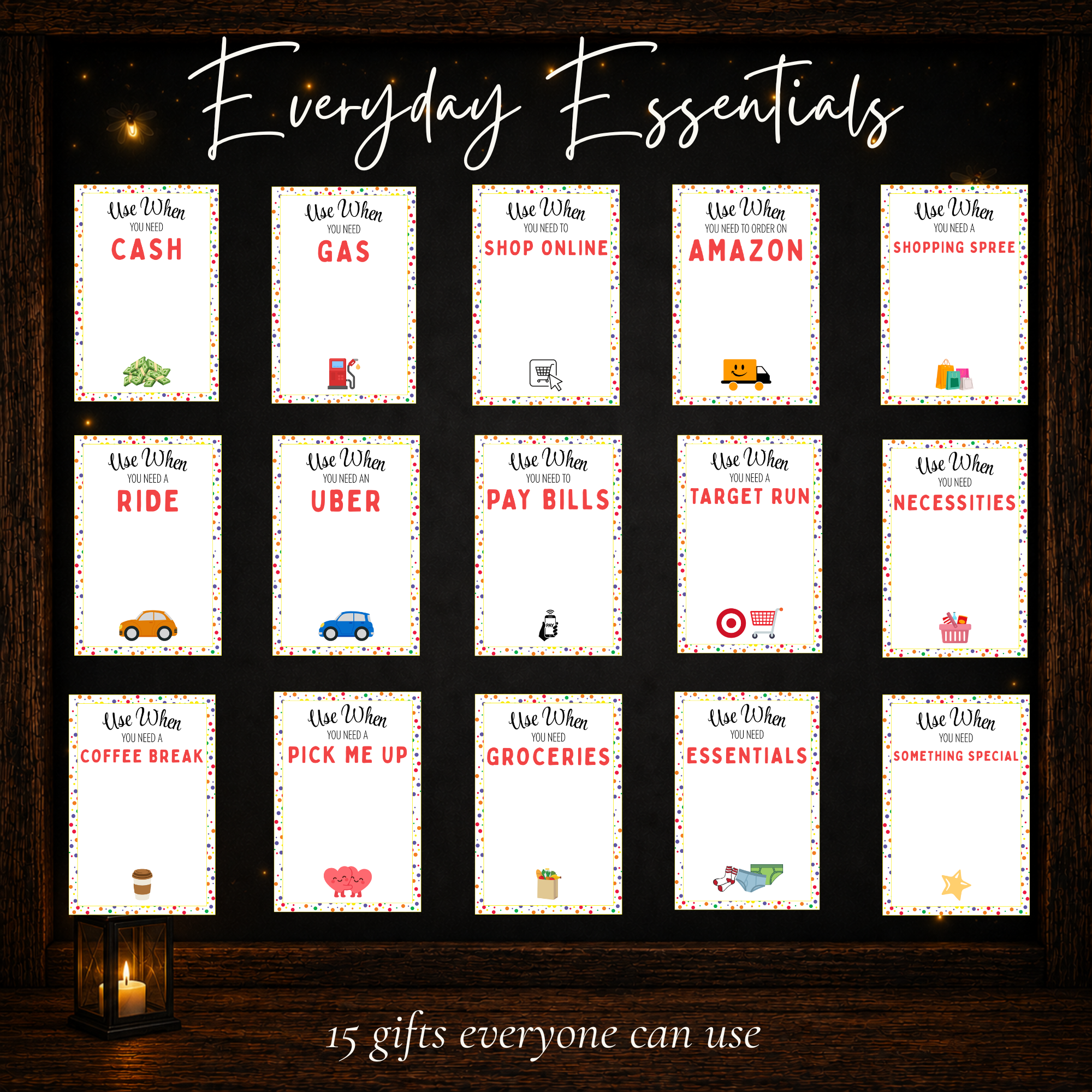 Everyday essentials birthday gift card ideas including cash, gas, Amazon, shopping, groceries, coffee and necessities