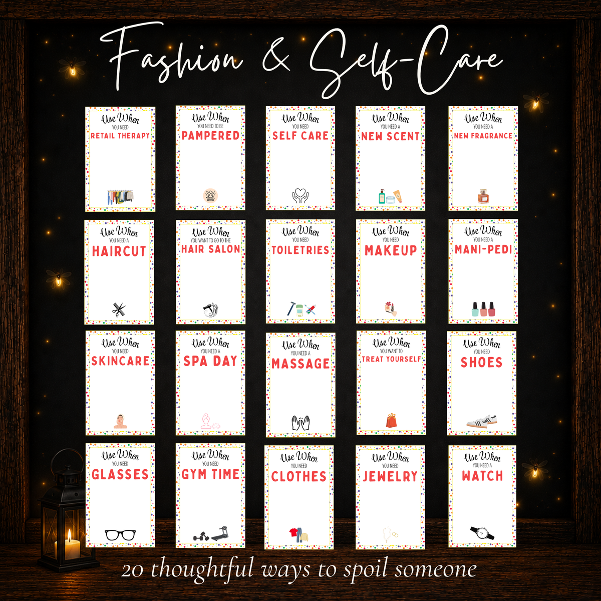 Fashion and self-care birthday gift card ideas including spa day, massage, haircut, skincare, makeup, clothes and gym time