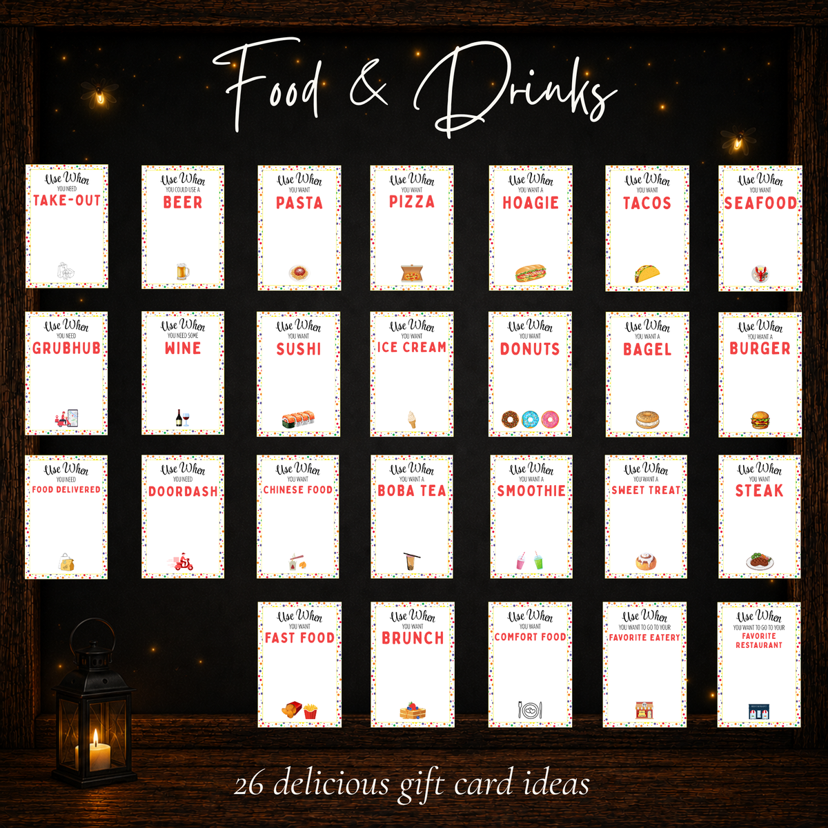 Food and drink birthday gift card ideas including pizza, takeout, sushi, ice cream, brunch, restaurants and favorite foods