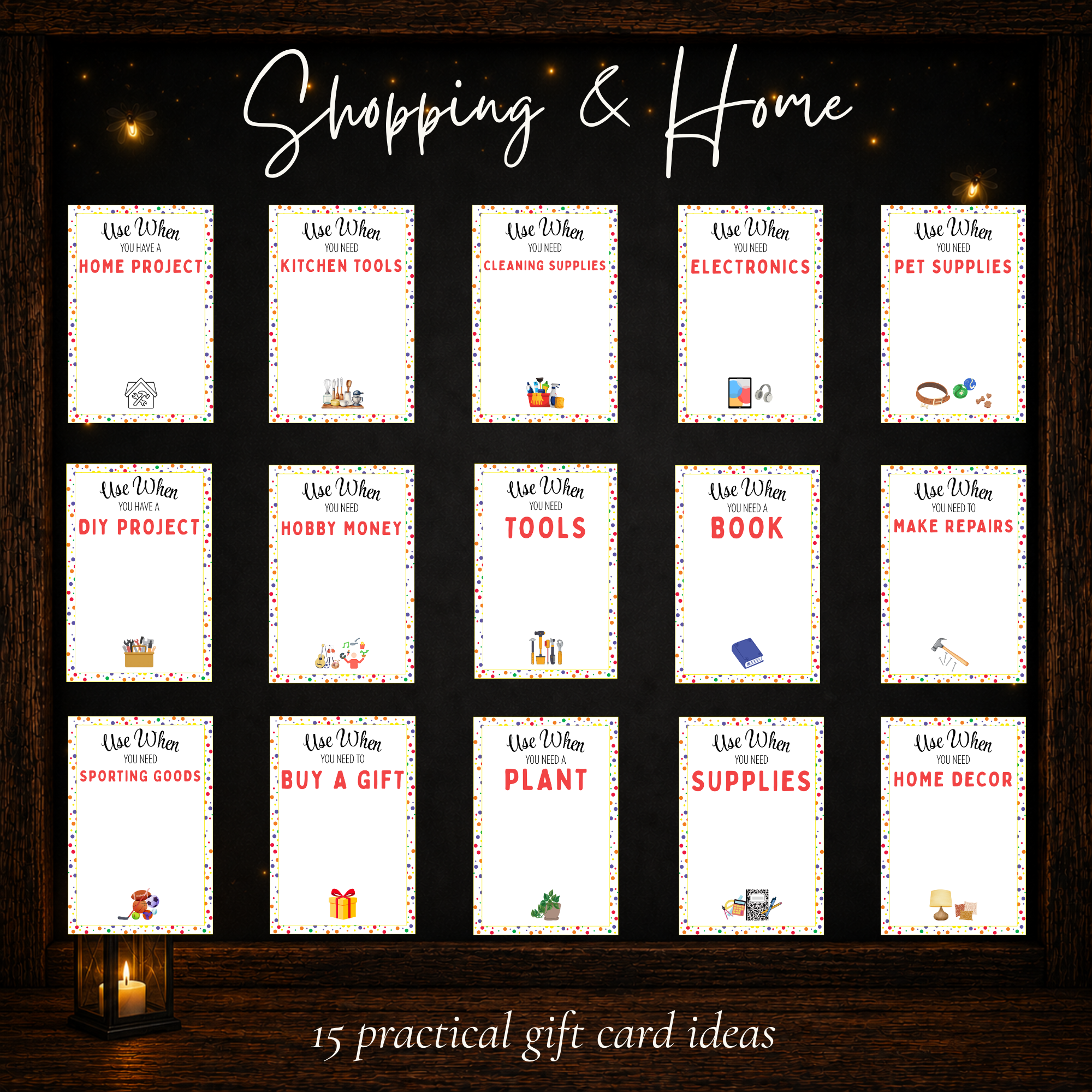 Shopping and home birthday gift card ideas including home projects, kitchen tools, electronics, pet supplies, books and home decor