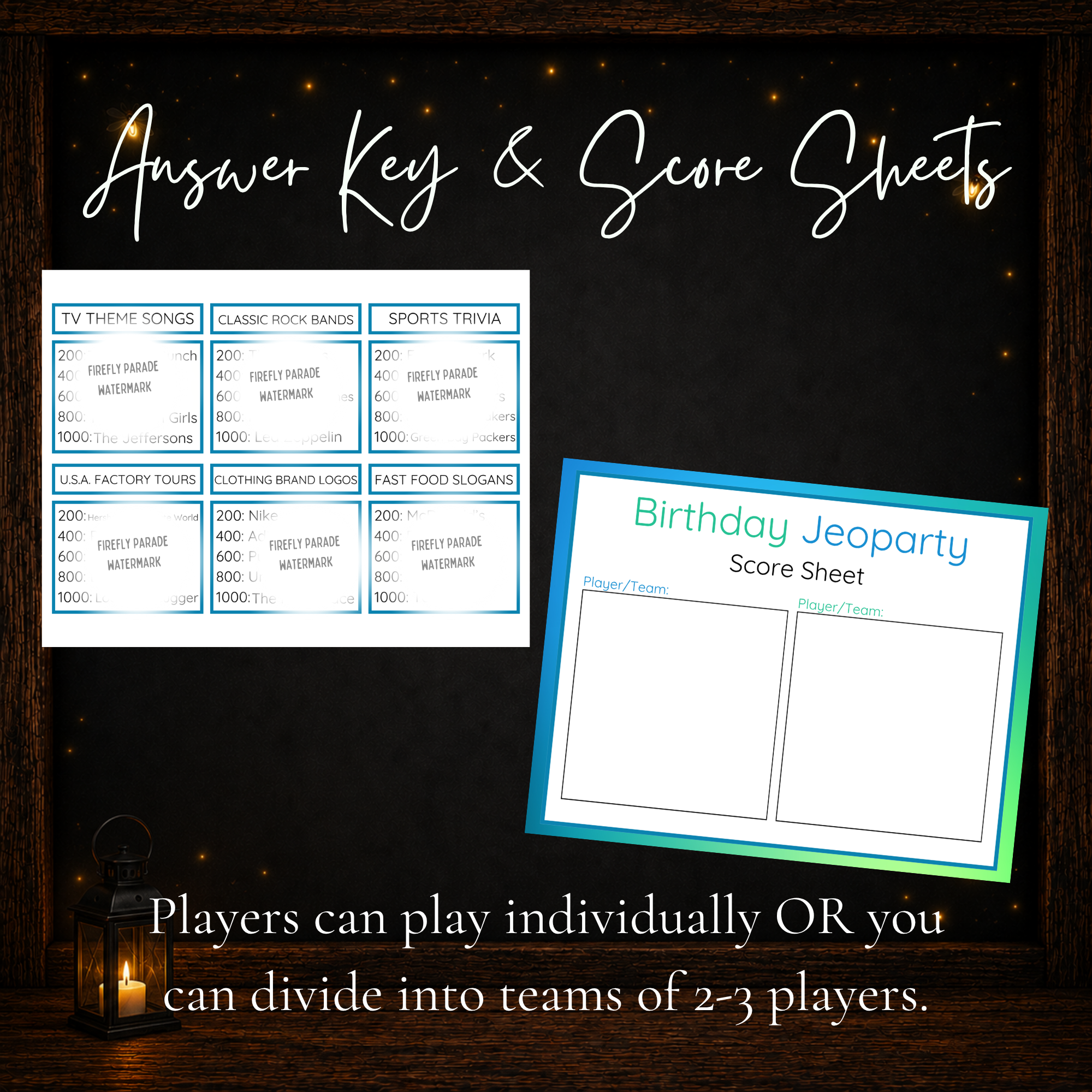 Birthday Jeoparty printable host answer key and score sheet for individual or team play