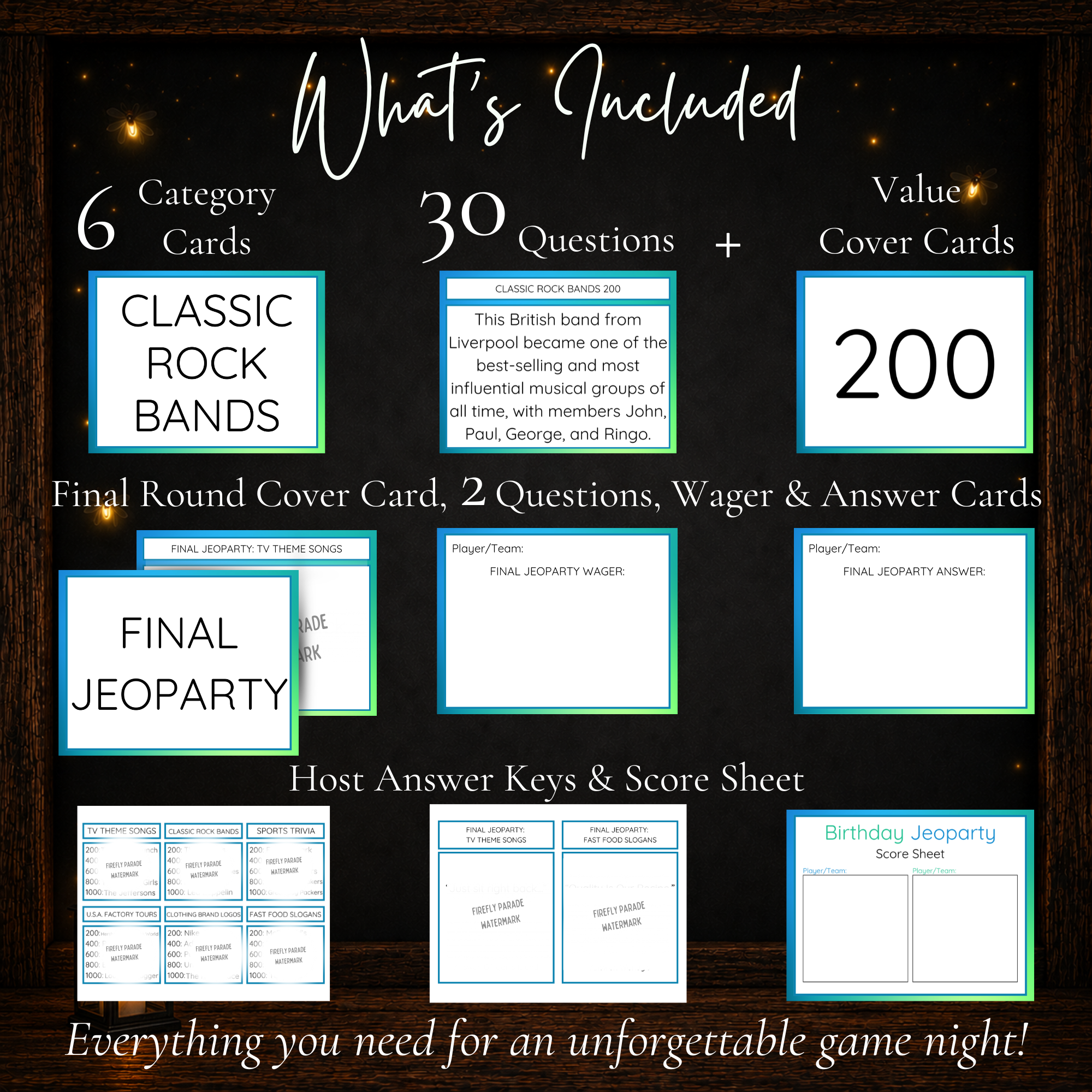 Birthday Jeoparty printable game with 6 category cards, 30 questions, Final Jeoparty, answer keys and score sheet