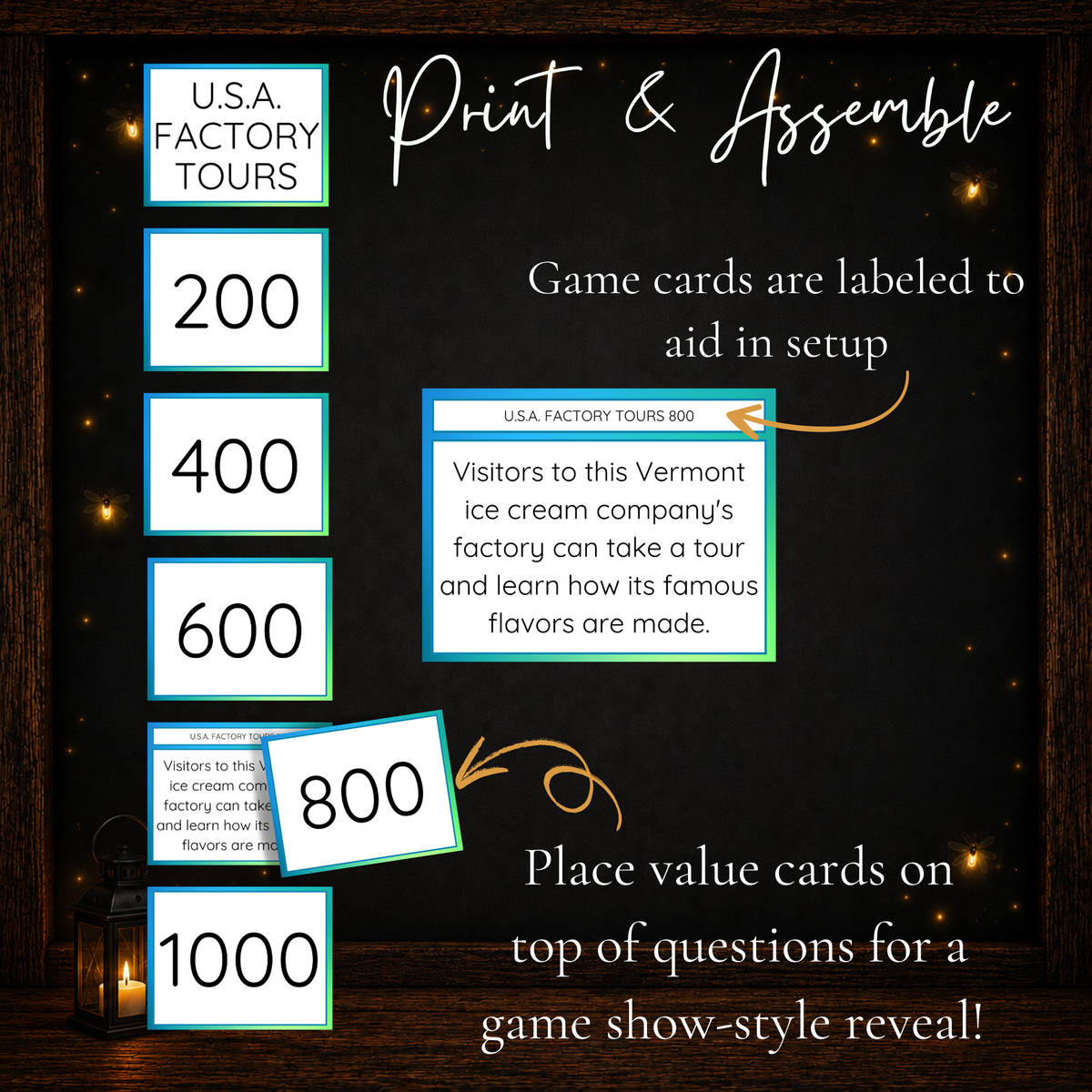 Birthday Jeoparty printable trivia cards with labeled categories and point values for easy game setup