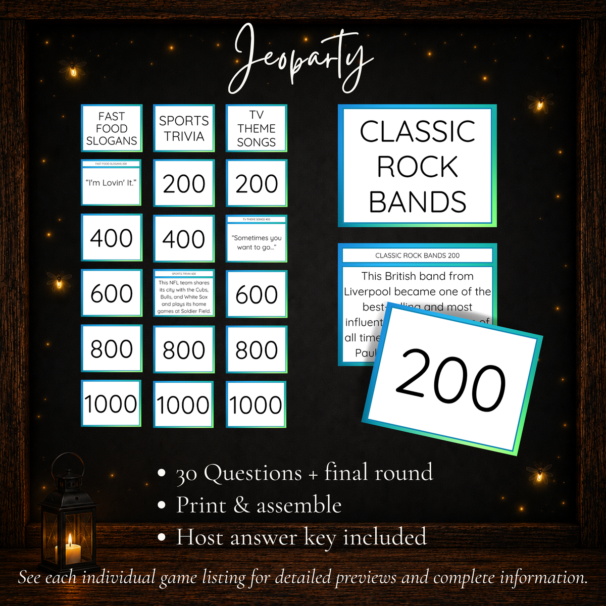Birthday Jeoparty printable trivia game with 30 questions, final round and host answer key