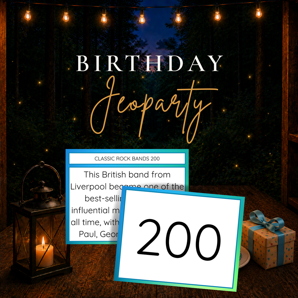 Birthday Jeoparty printable trivia party game with question and point value cards