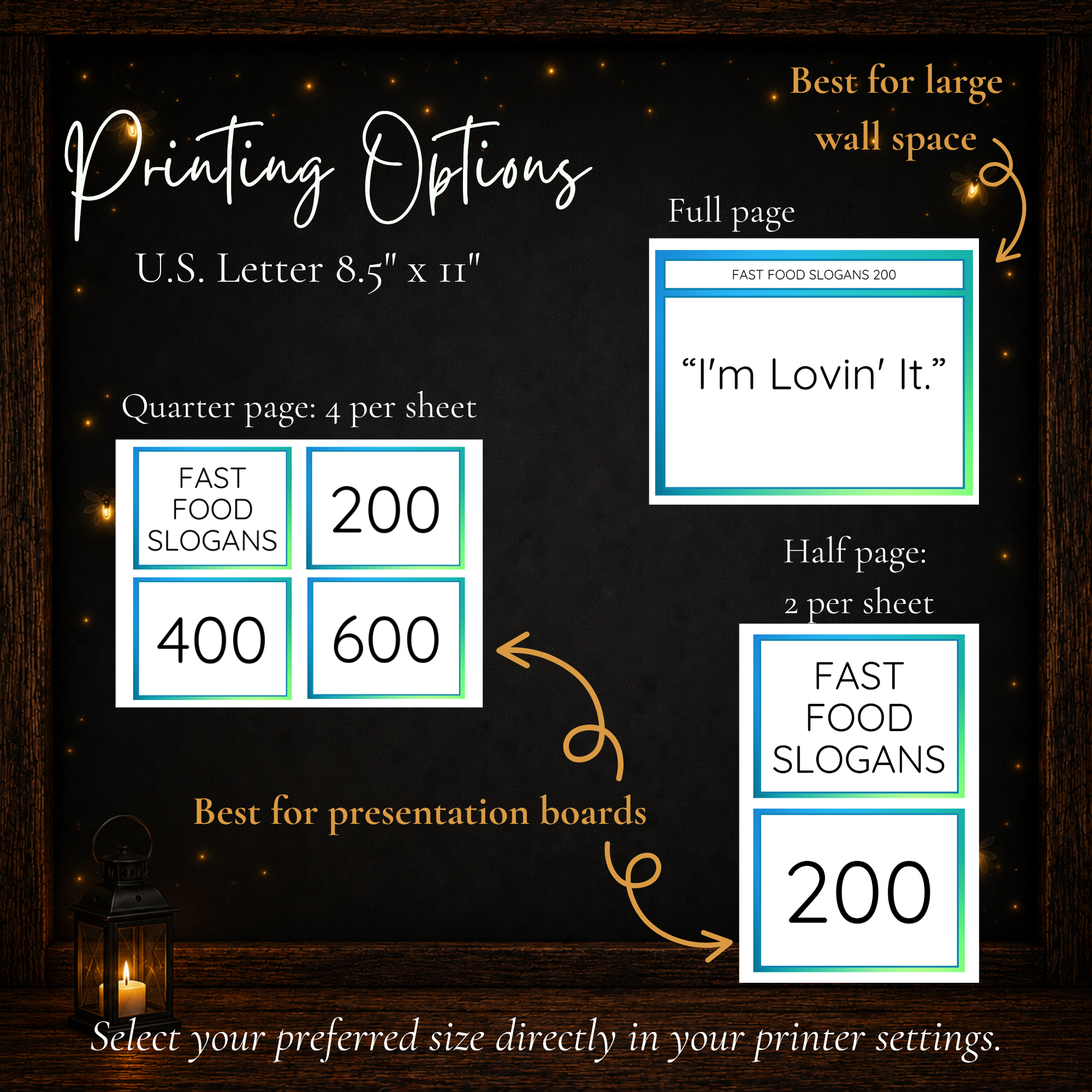 Birthday Jeoparty printing options with full page, half page and quarter page printable trivia cards