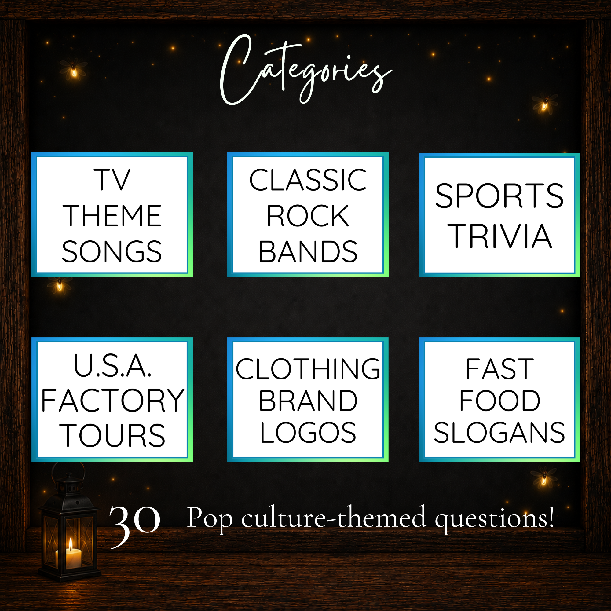 Birthday Jeoparty trivia categories including TV theme songs, classic rock, sports, factory tours, brand logos and fast food slogans