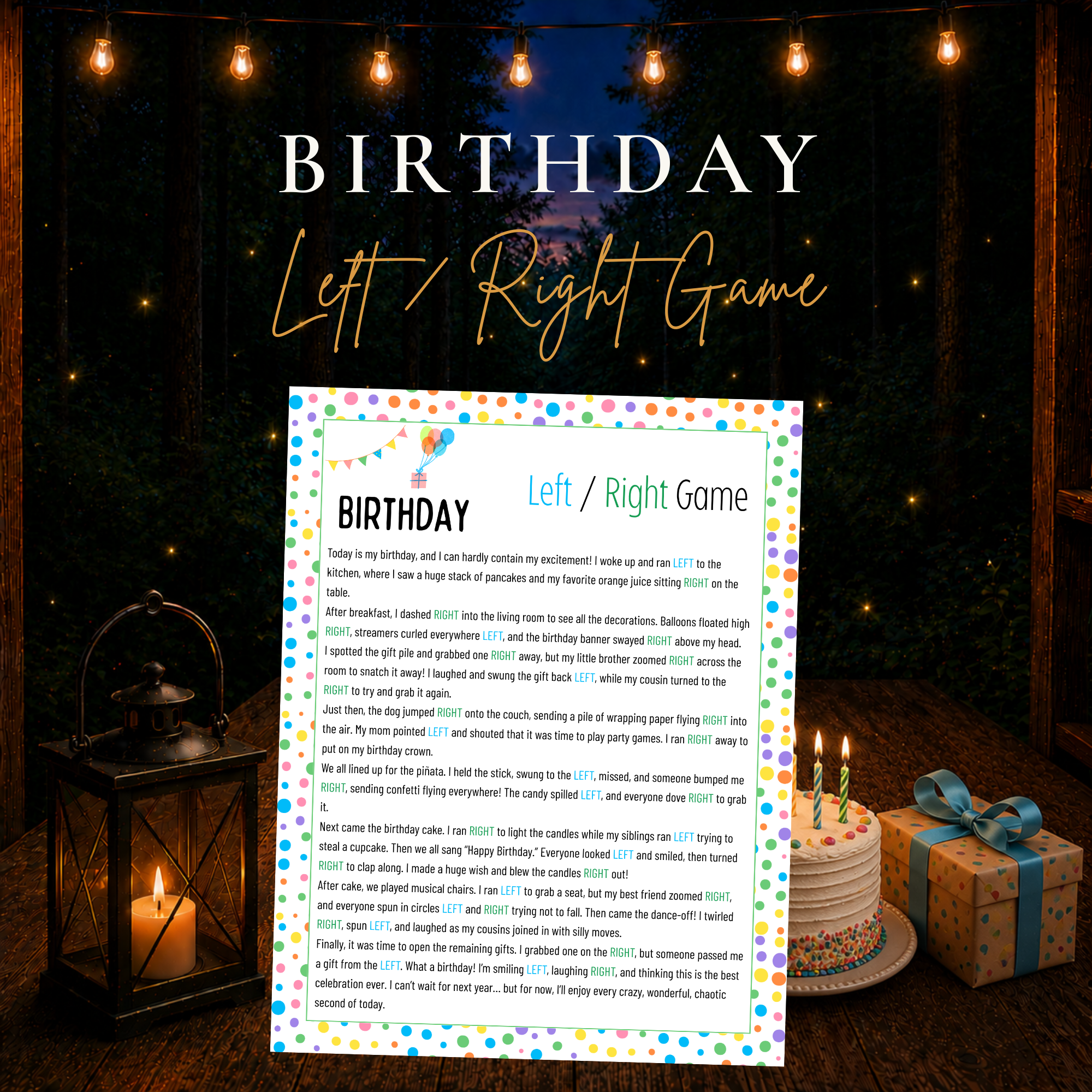 Birthday Left Right Game printable gift passing story for birthday parties