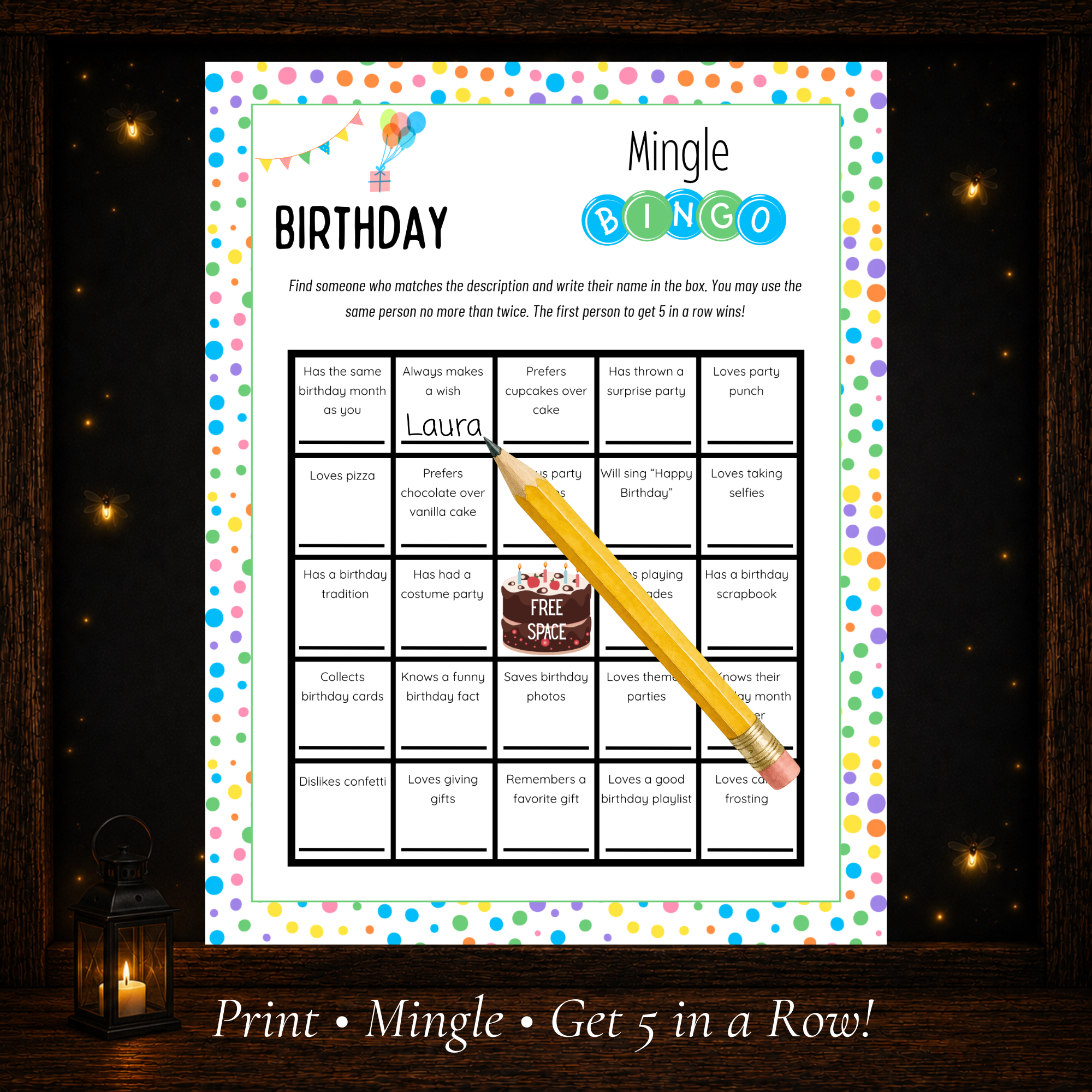 Printable Birthday Mingle Bingo find someone who game for birthday party guests