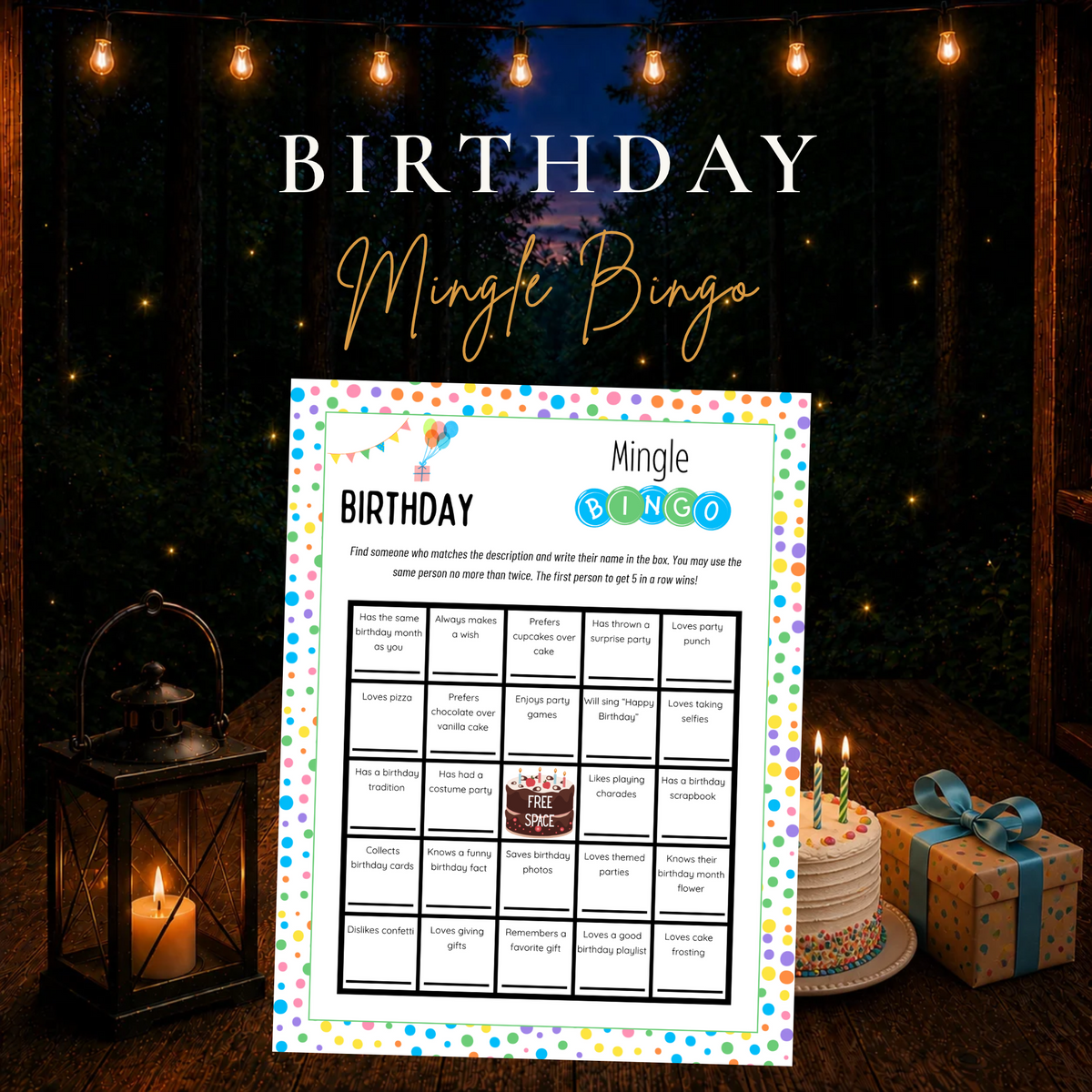 Birthday Mingle Bingo printable party game with colorful find someone who bingo card
