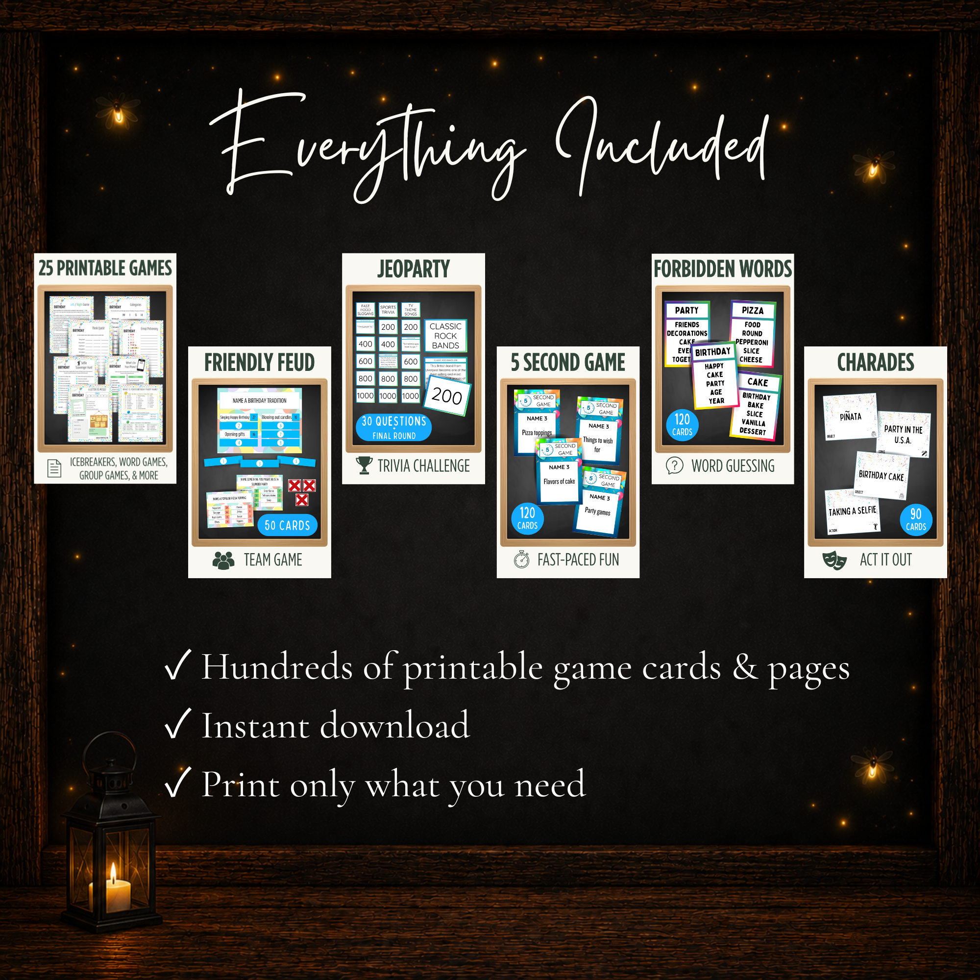 Complete printable birthday party game bundle with six game collections and hundreds of printable game cards and pages