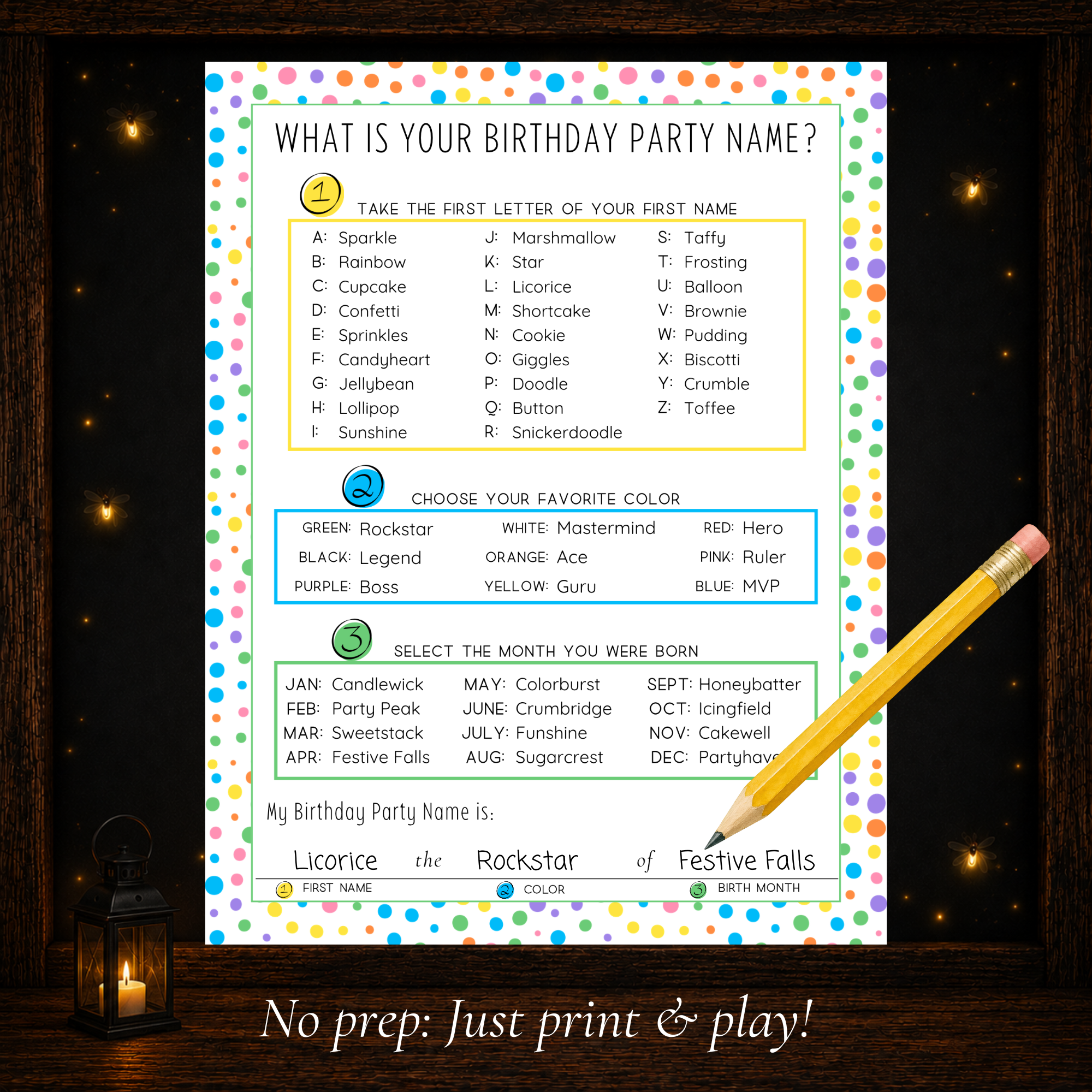 Printable birthday party name game using first initial favorite color and birth month