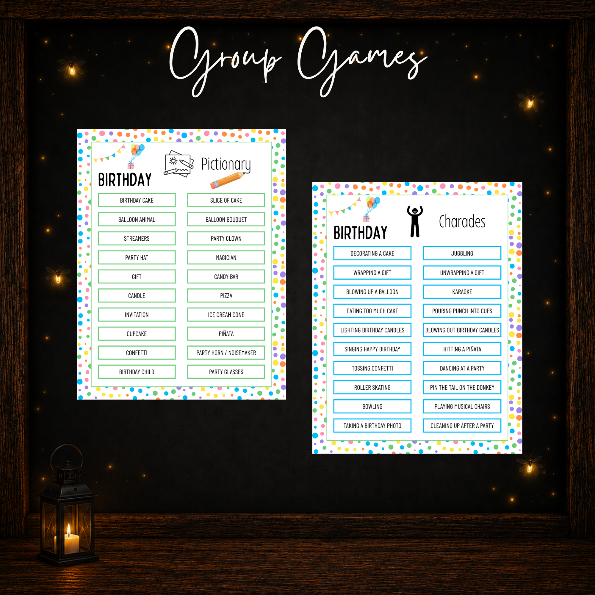 Printable birthday Pictionary and Charades games for family parties and group celebrations