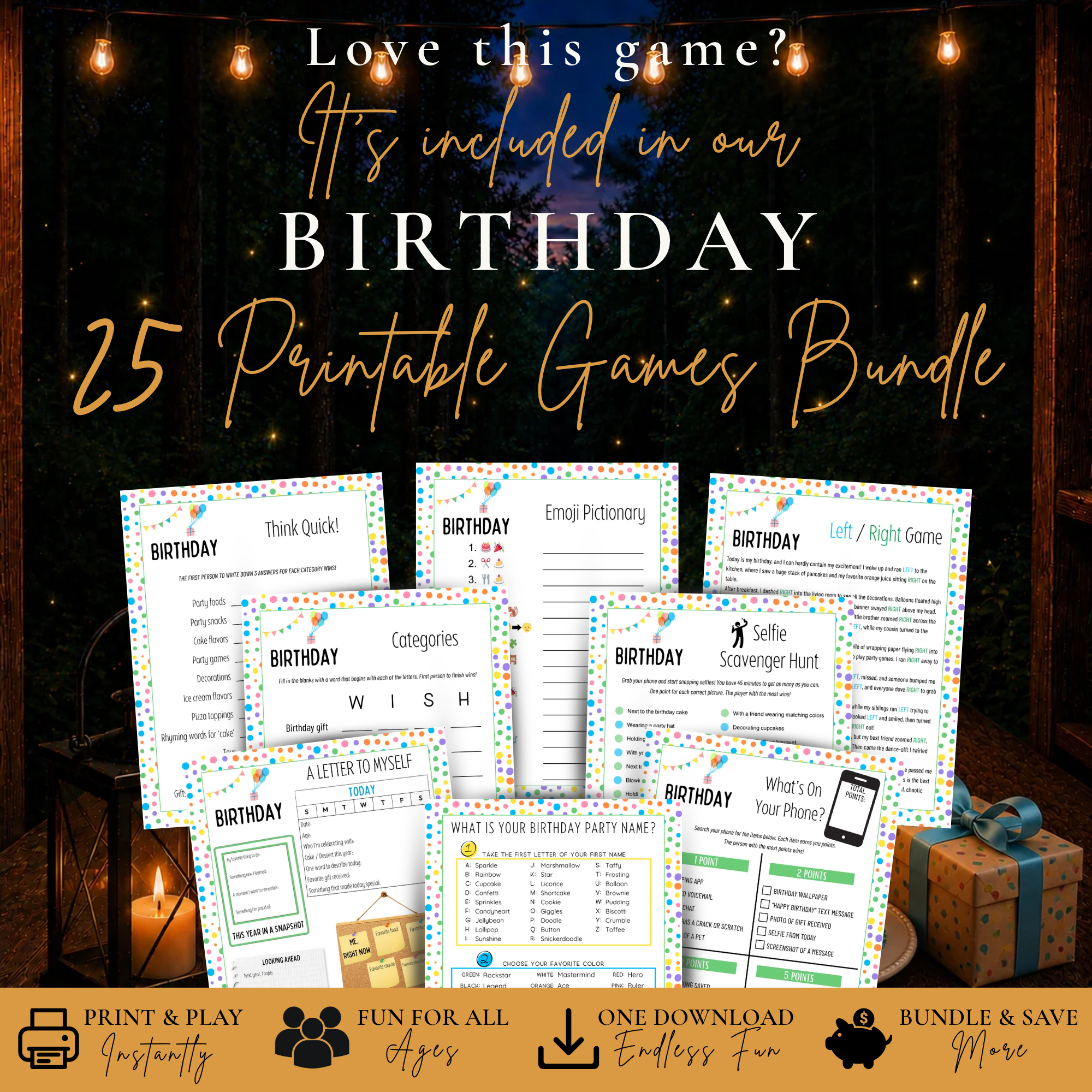 Birthday Emoji Pictionary included in 25 printable birthday games bundle