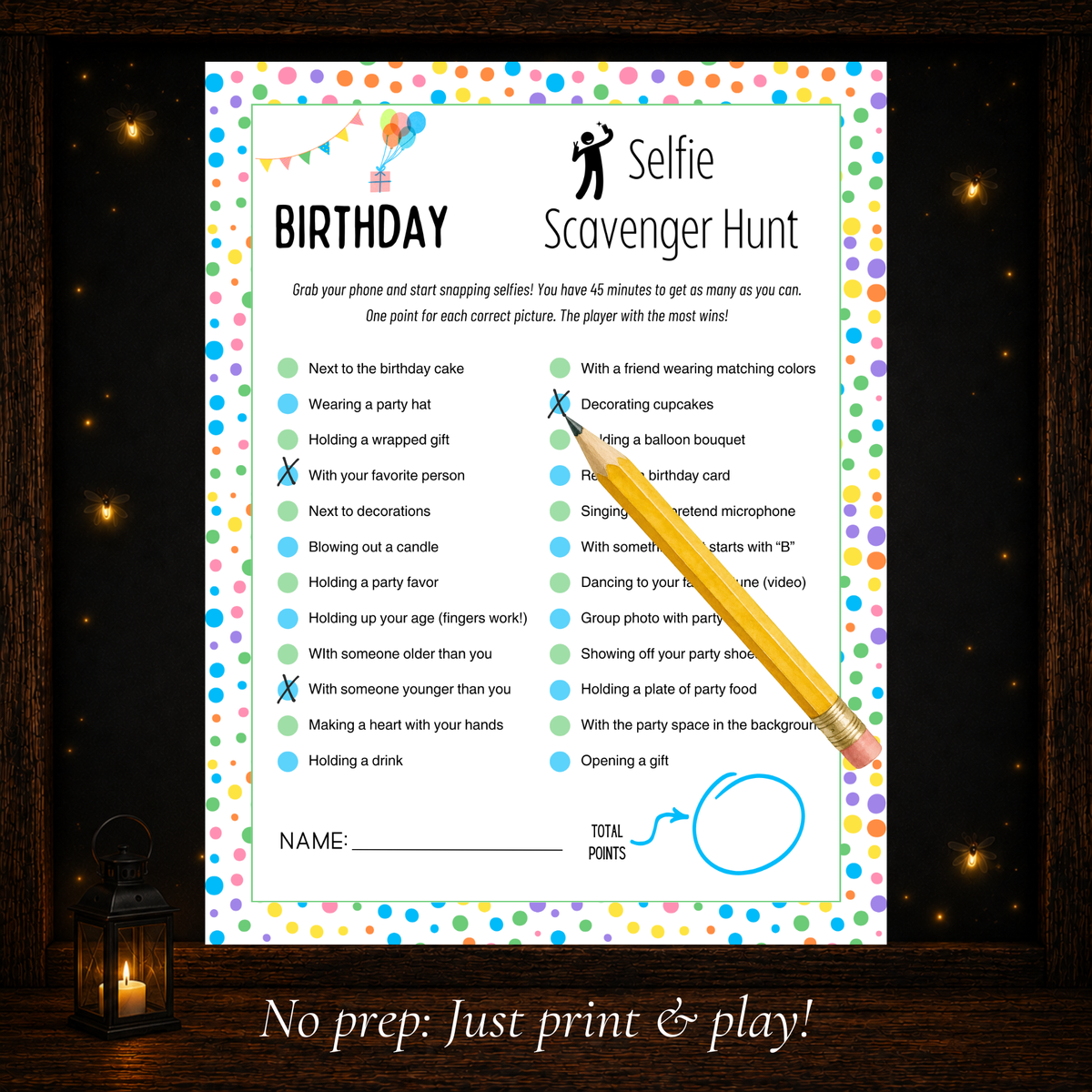 Printable Birthday Selfie Scavenger Hunt with 24 photo challenges for kids teens families and party guests