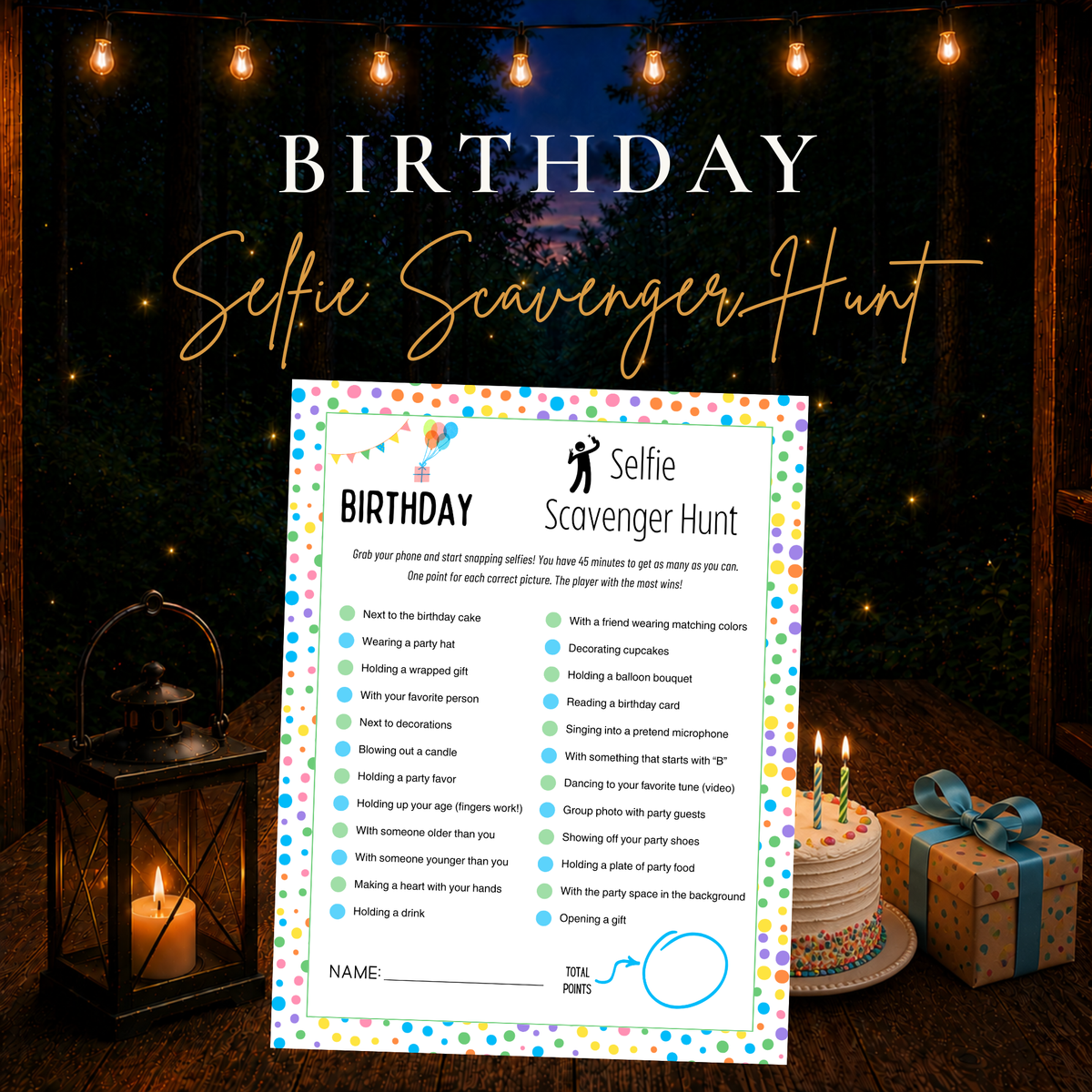 Birthday Selfie Scavenger Hunt printable game with colorful birthday photo challenges for a party activity