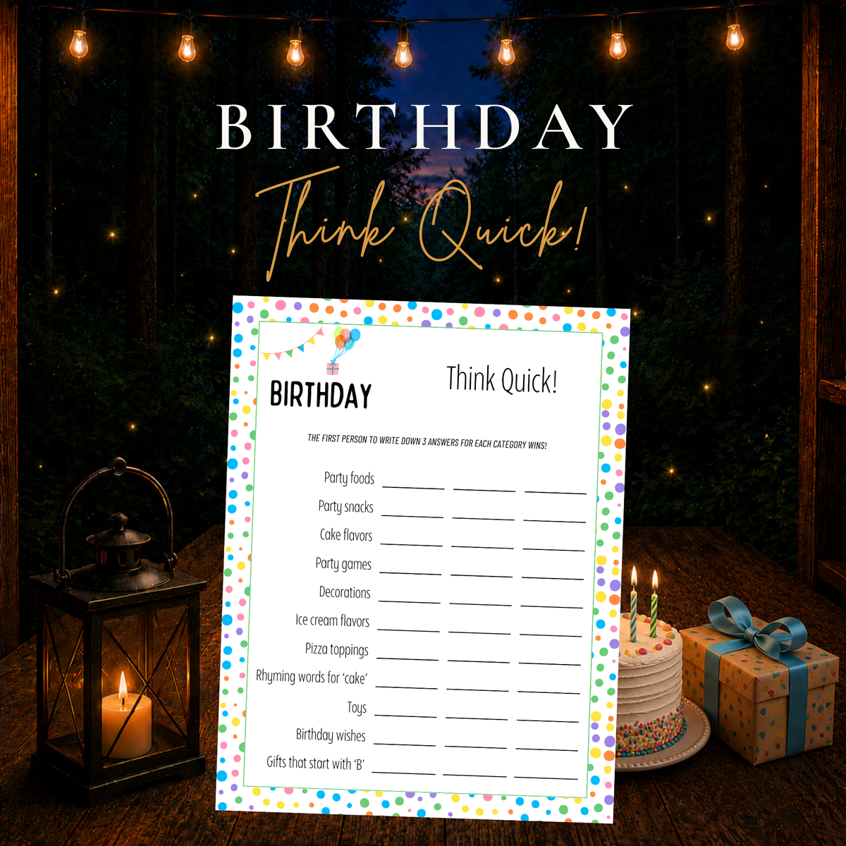 Birthday Think Quick printable party game with colorful birthday-themed categories and spaces for answers