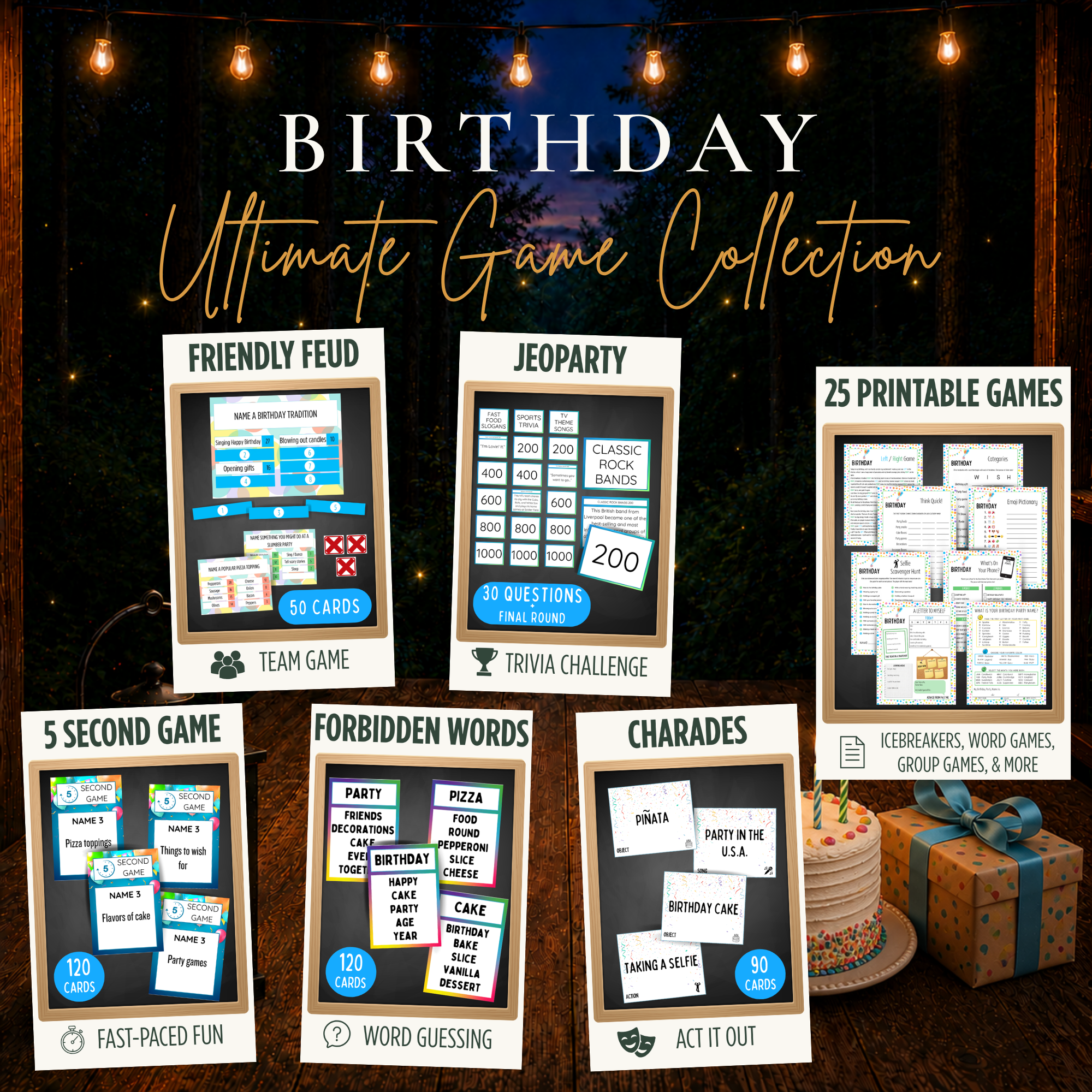 Birthday Ultimate Game Collection with Friendly Feud, Jeoparty, 5 Second Game, Forbidden Words, Charades and 25 printable birthday games