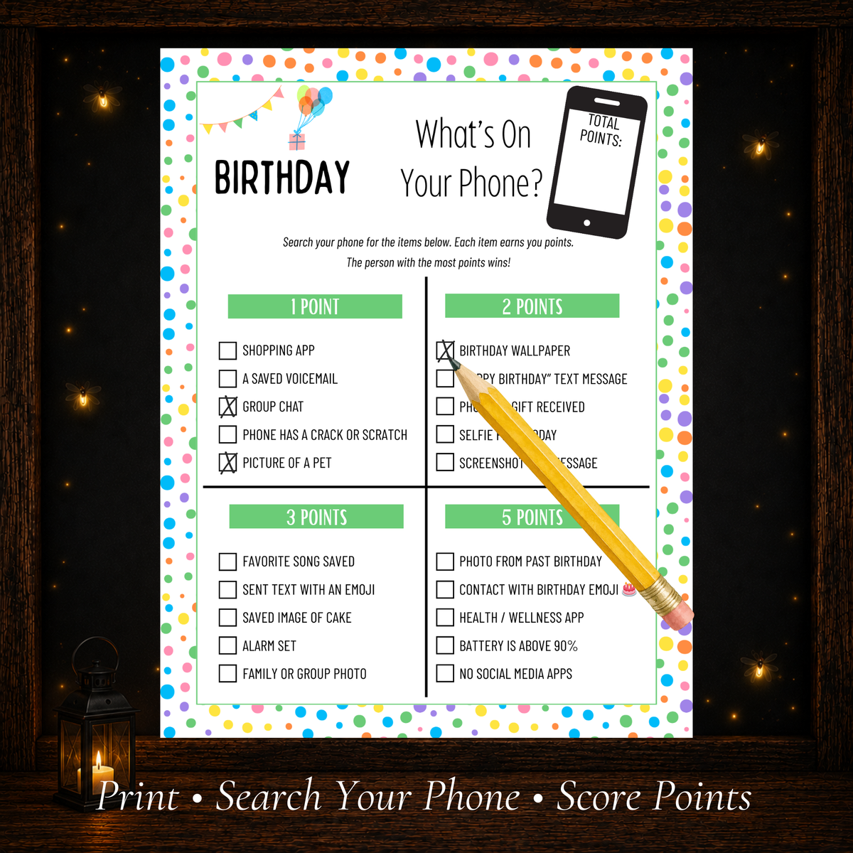 Printable Birthday What's On Your Phone game sheet where players search their phones and score points