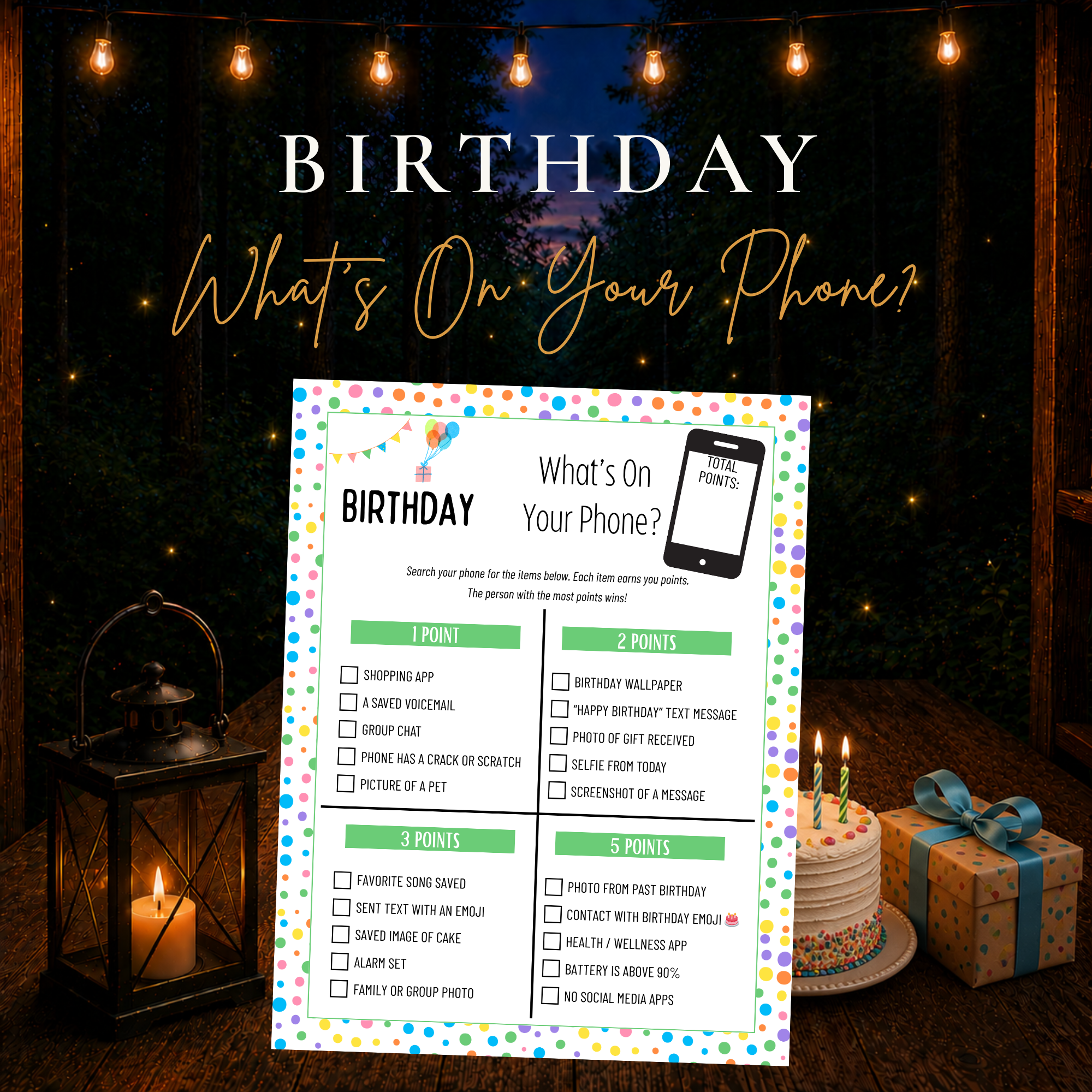 Birthday What's On Your Phone printable party game with colorful birthday design and phone scavenger hunt prompts