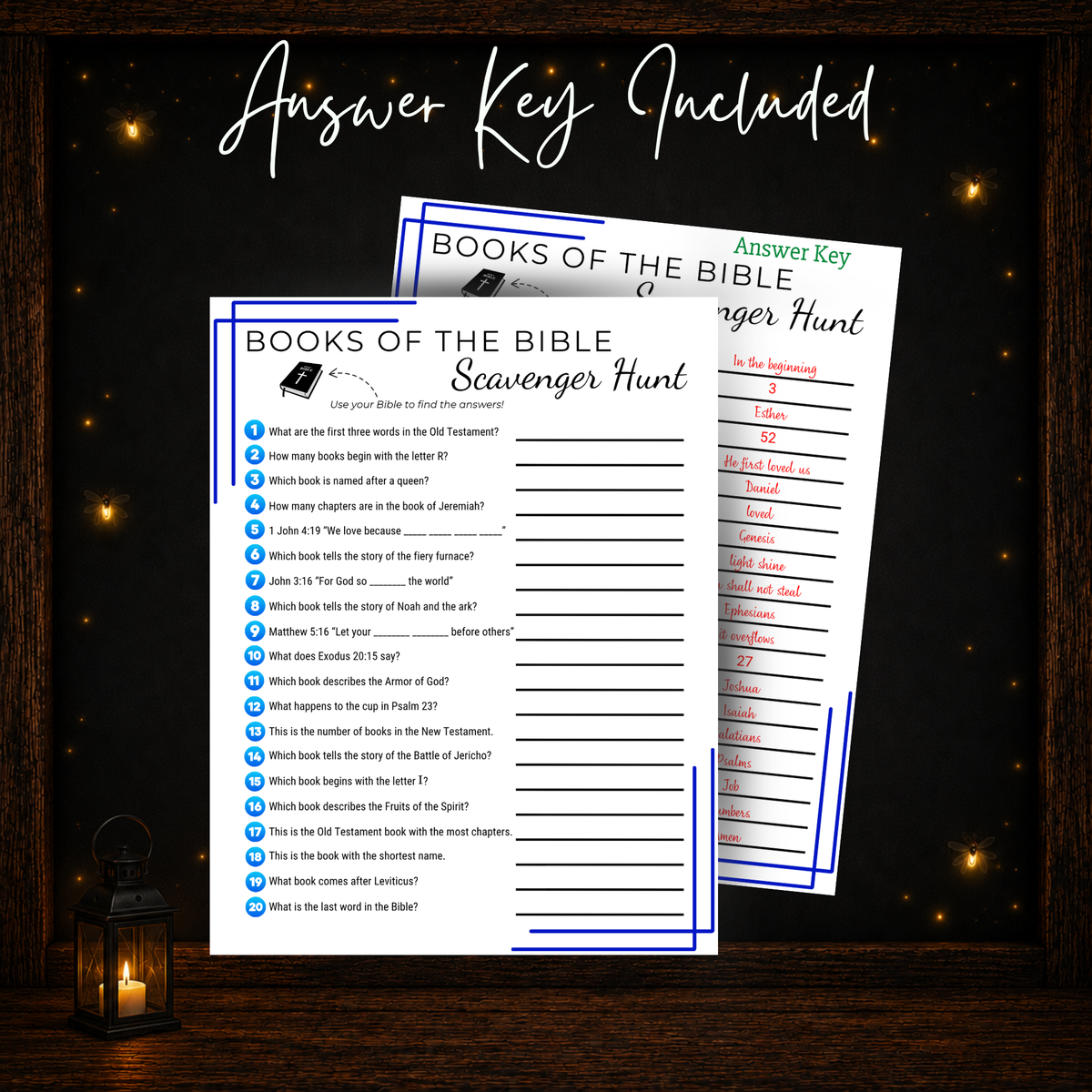 Books of the Bible scavenger hunt printable game with answer key included